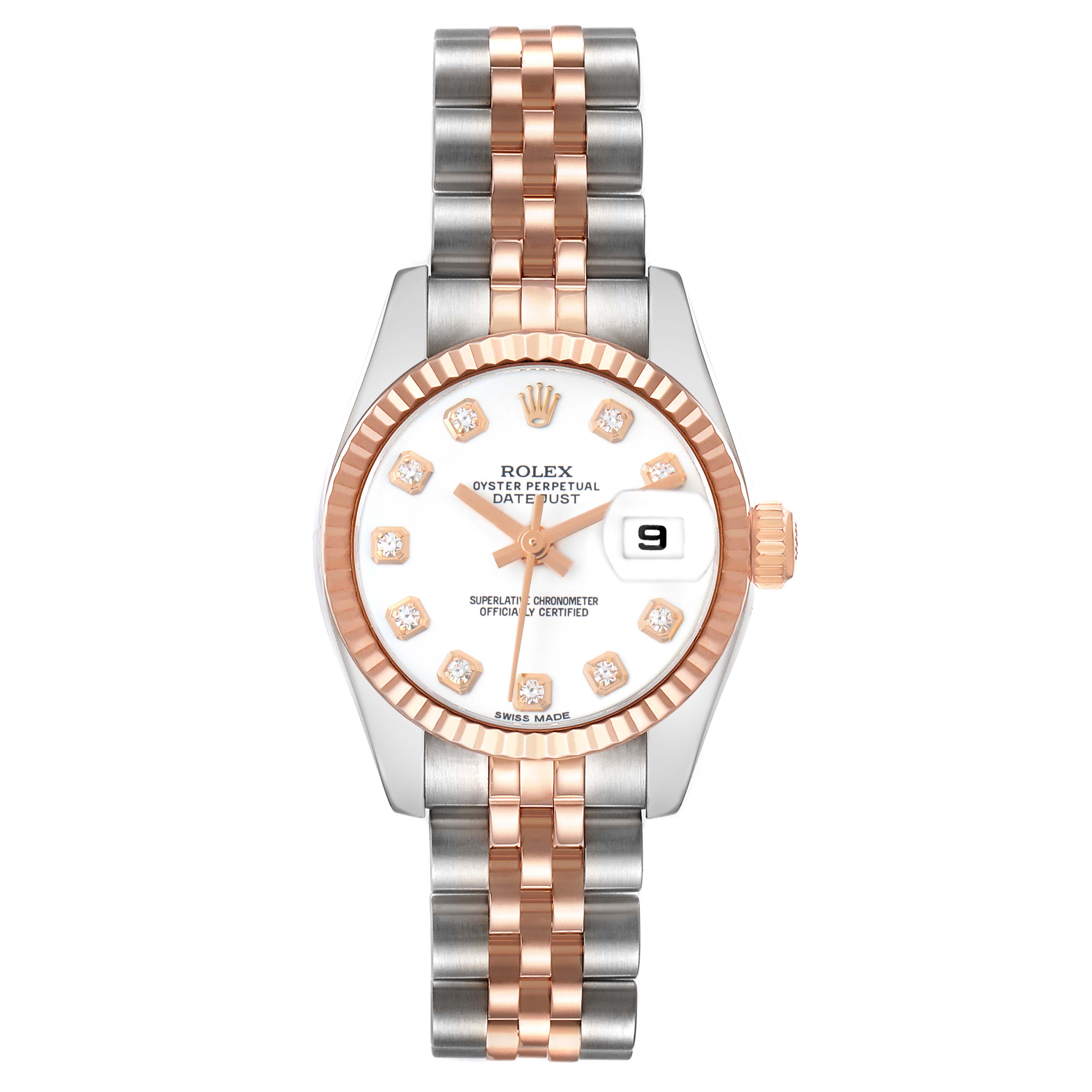 The Rolex Datejust 179171 Women
s Steel and Gold (two tone) White Dial watch is shown from the front, displaying the dial, bezel, and two-tone bracelet.