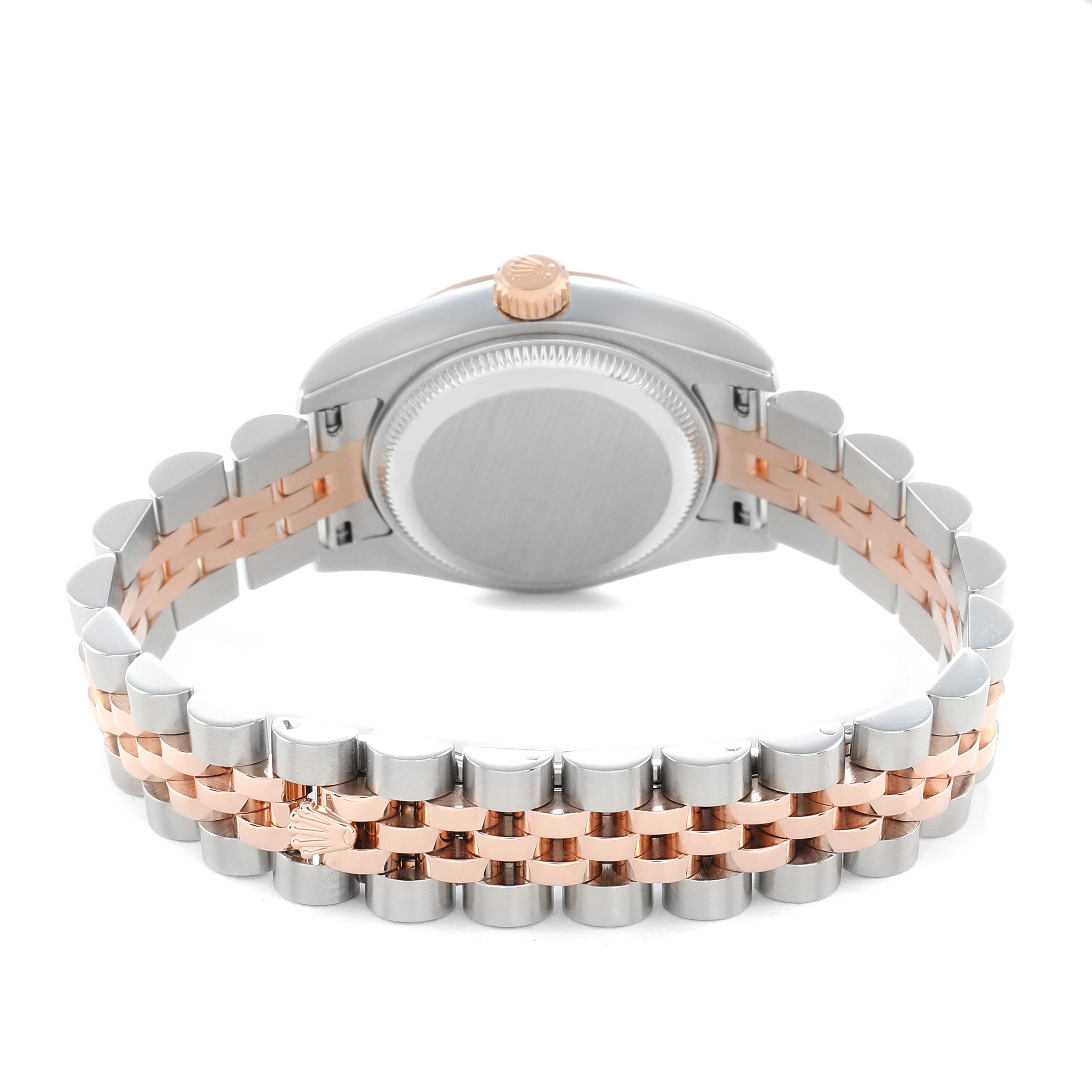 The image shows the back of a Rolex Datejust 179171 Women
s Steel and Gold (two tone) White Dial watch, highlighting its case back, crown, and a two-tone Jubilee bracelet.