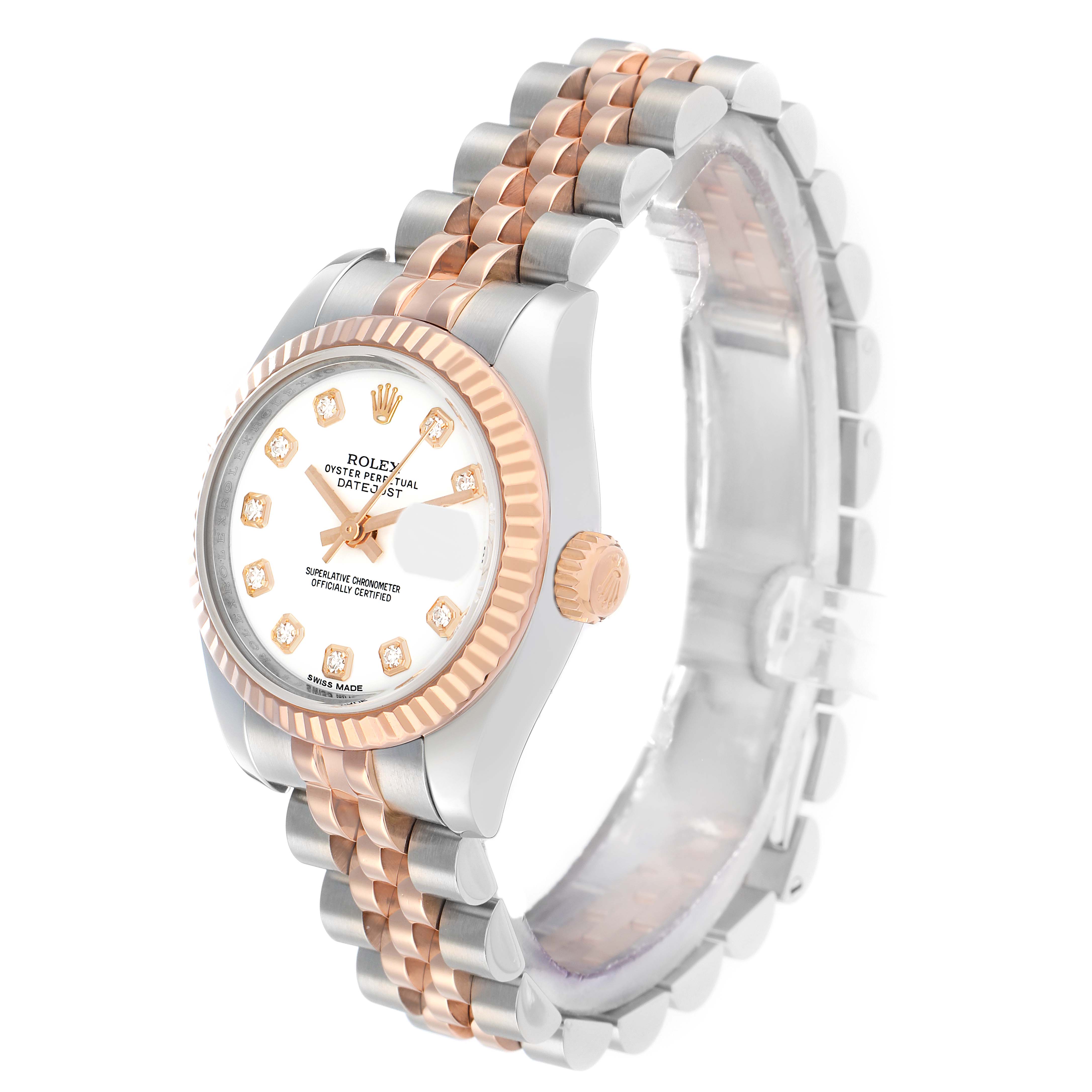 The Rolex Datejust 179171 Women
s Steel and Gold (two tone) White Dial is shown at a three-quarter angle, displaying the face, fluted bezel, crown, and Jubilee bracelet.