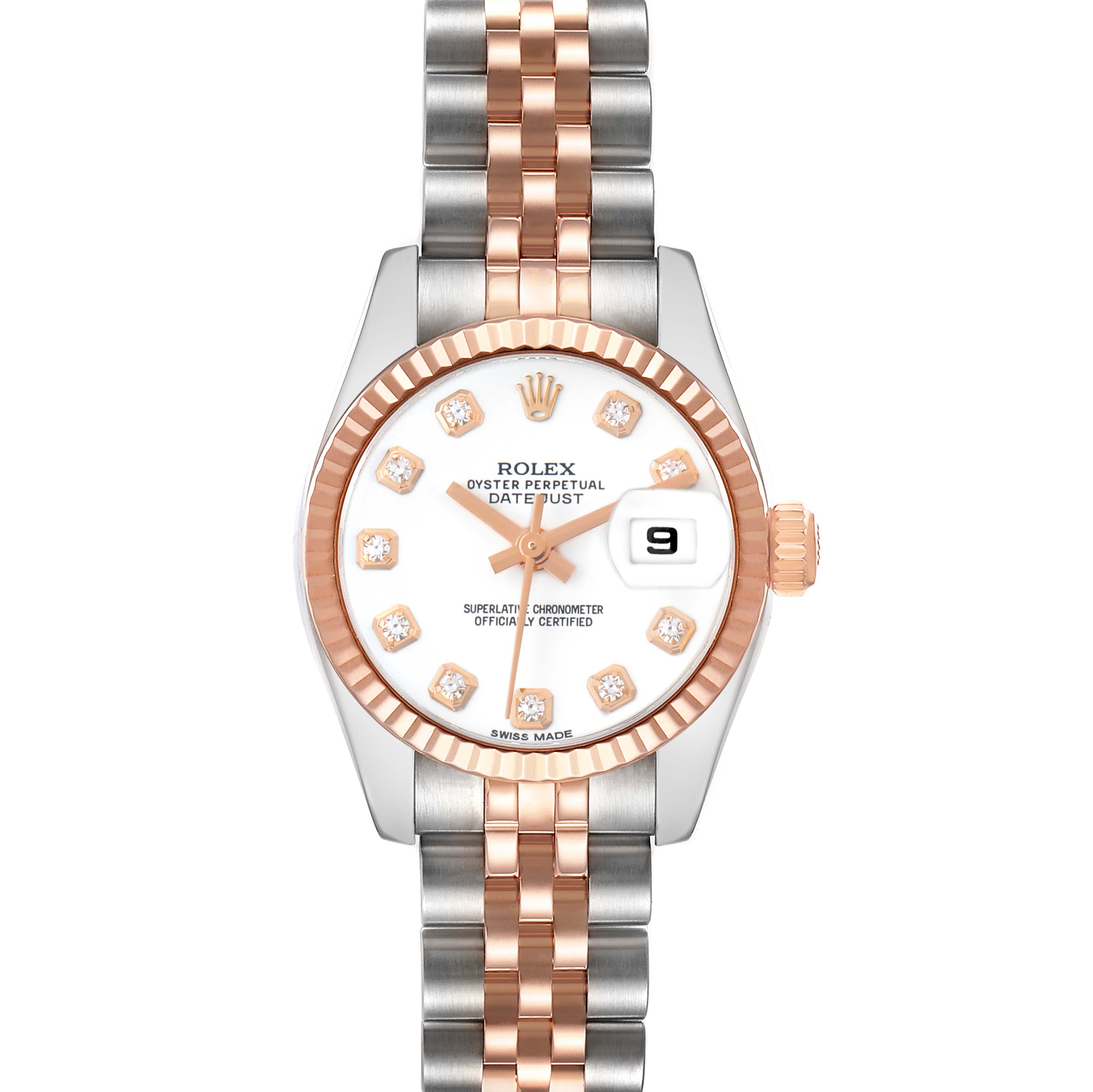 The Rolex Datejust 179171 Women
s Steel and Gold (two tone) White Dial watch is shown from a top-down angle, displaying the dial, bezel, crown, and bracelet.