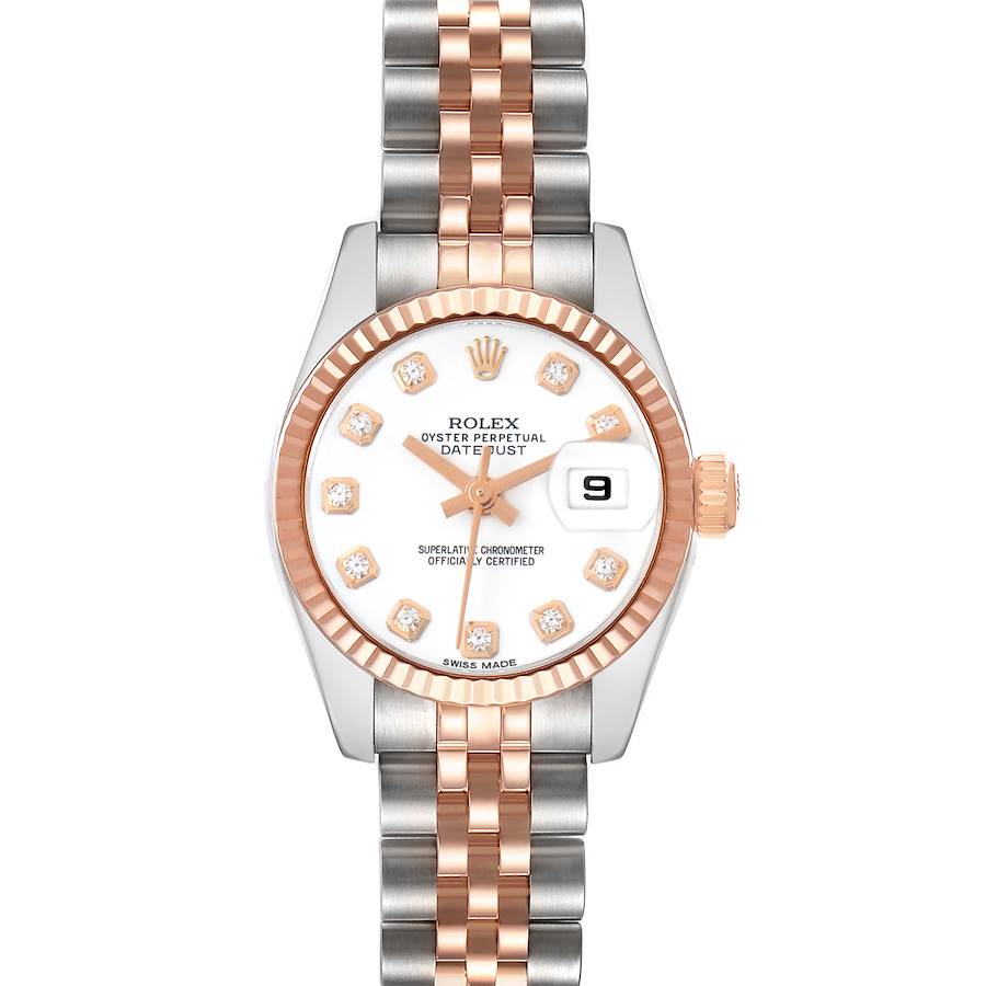 The Rolex Datejust 179171 Women's Steel and Gold (two tone) White Dial watch is shown from a top-down angle, displaying the dial, bezel, crown, and bracelet.