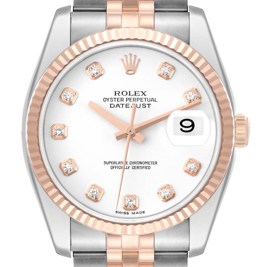 Rolex Datejust Steel Rose Gold White Diamond Dial Mens Watch 116231 SwissWatchExpo