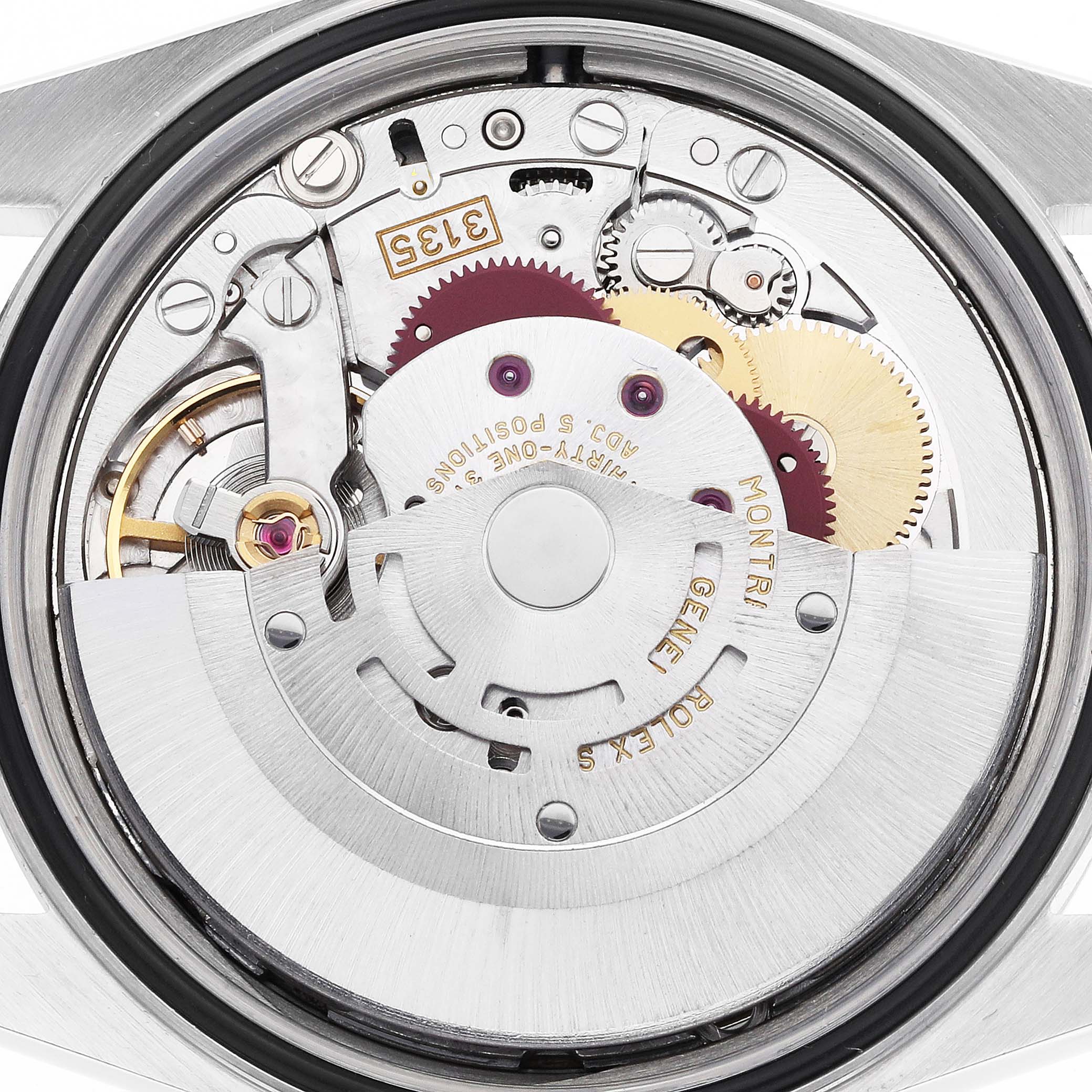 This image shows the internal movement mechanism of a Rolex Datejust 16220 Men
s Stainless Steel Silver Dial watch from a back view, highlighting gears and inscriptions.