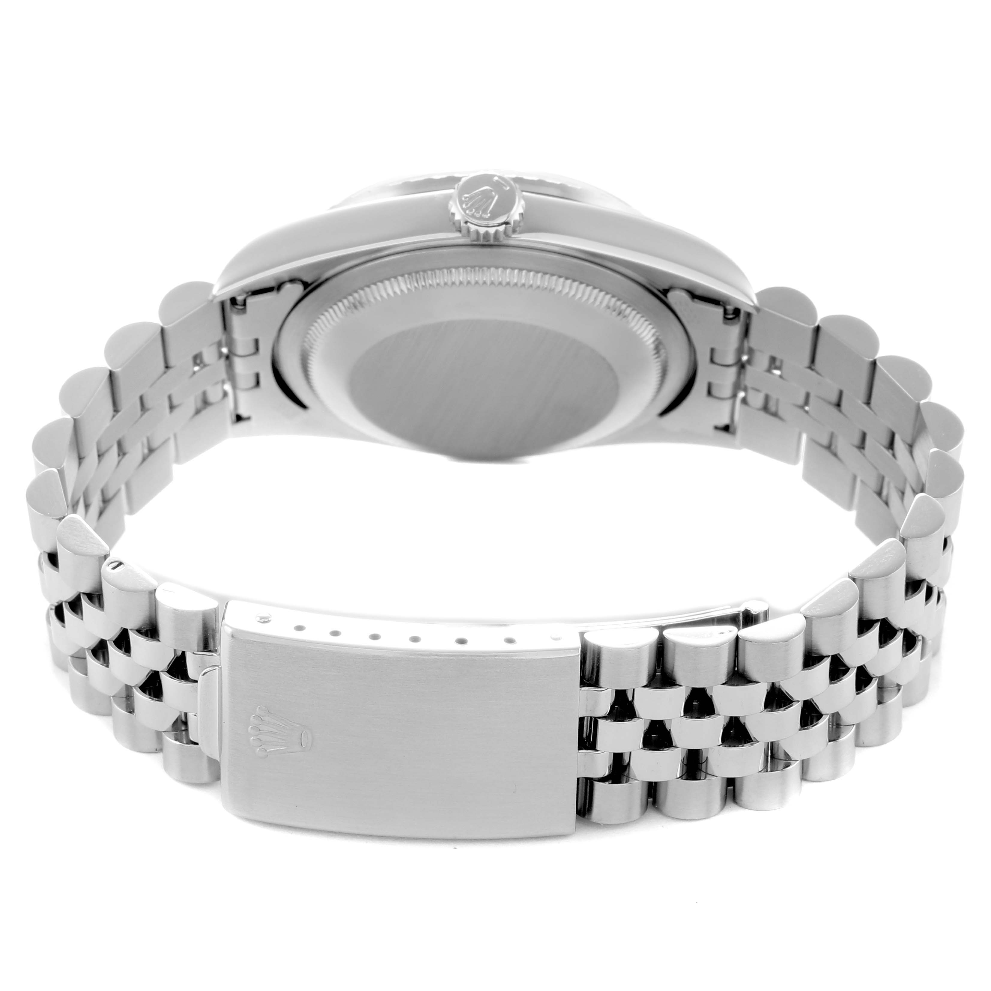 The image shows the back and side view of a Rolex Datejust 16220 Men
s Stainless Steel Silver Dial watch, highlighting the bracelet and clasp.