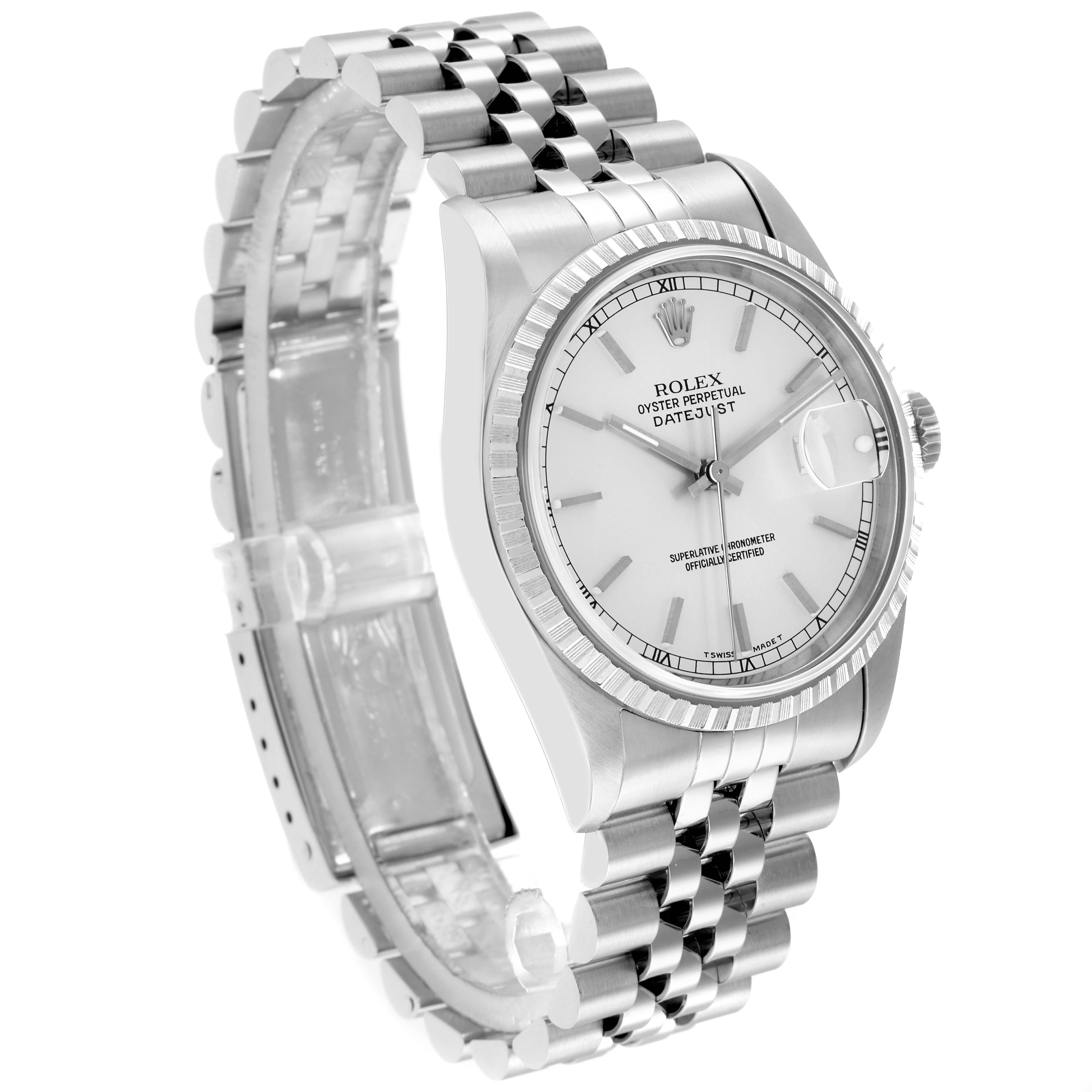 The Rolex Datejust 16220 Men
s Stainless Steel Silver Dial watch is shown at a three-quarter angle, highlighting the dial, bezel, and Jubilee bracelet.