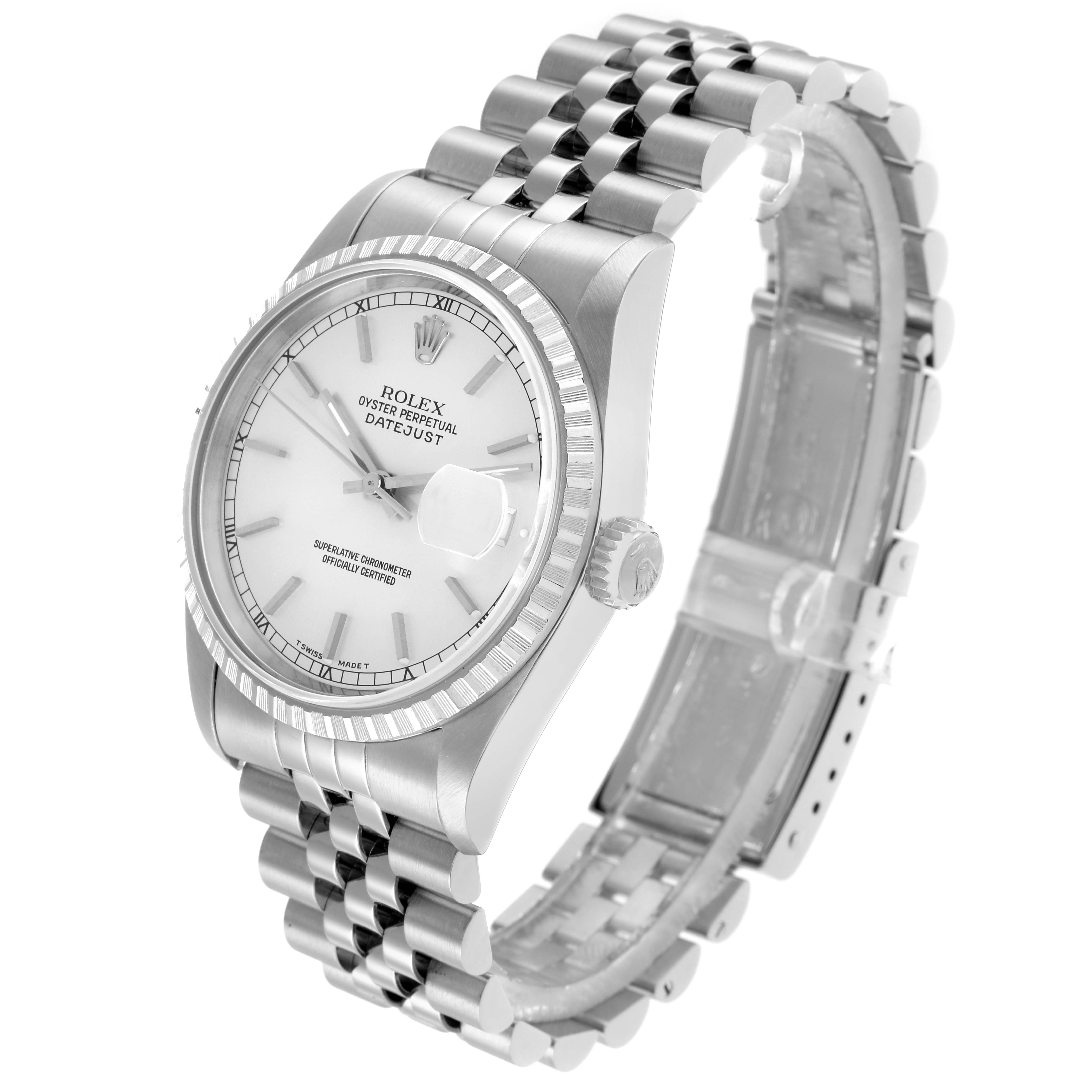 The Rolex Datejust 16220 Men
s Stainless Steel Silver Dial watch is shown at an angled side view, displaying the dial, bezel, crown, and Jubilee bracelet.