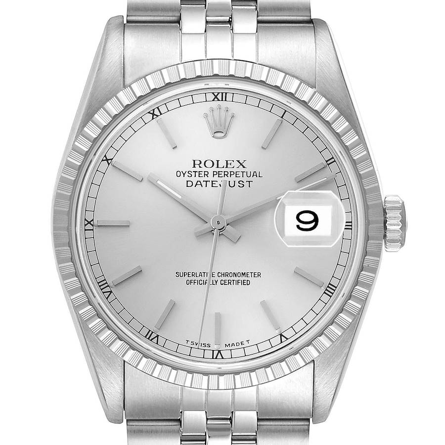 The image shows a front view of the Rolex Datejust 16220 Men's Stainless Steel Silver Dial, highlighting its dial, fluted bezel, and bracelet.