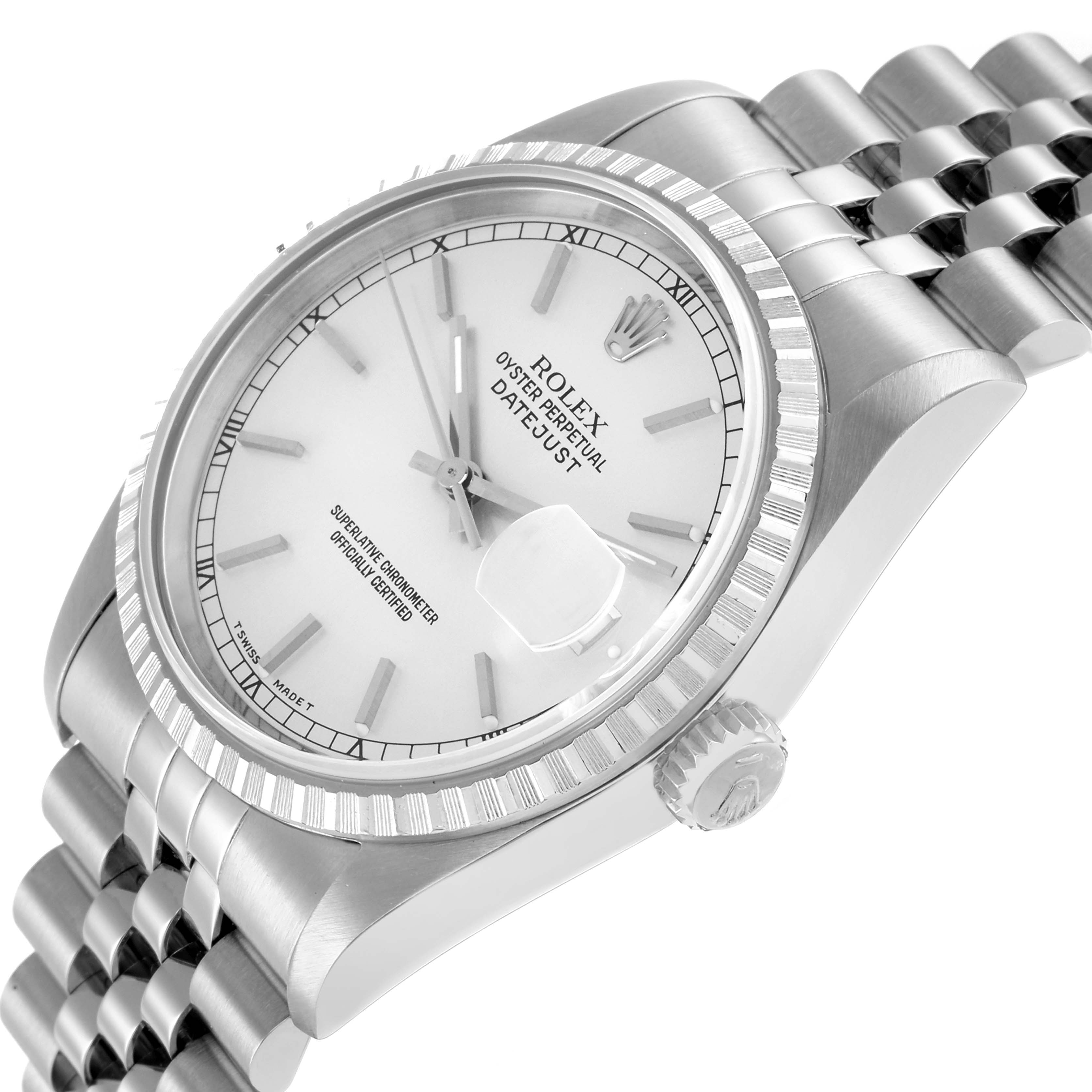 This Rolex Datejust 16220 Men
s Stainless Steel Silver Dial watch is angled from the side, showcasing the face, fluted bezel, crown, and part of the bracelet.