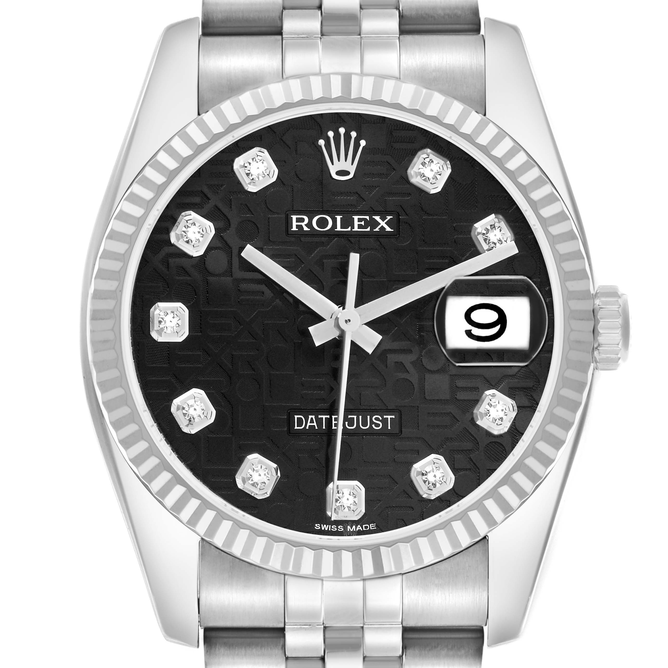 The Rolex Datejust 116234 Men
s Stainless Steel Black Dial watch is shown from the front, highlighting the dial, hands, date window, and part of the bracelet.