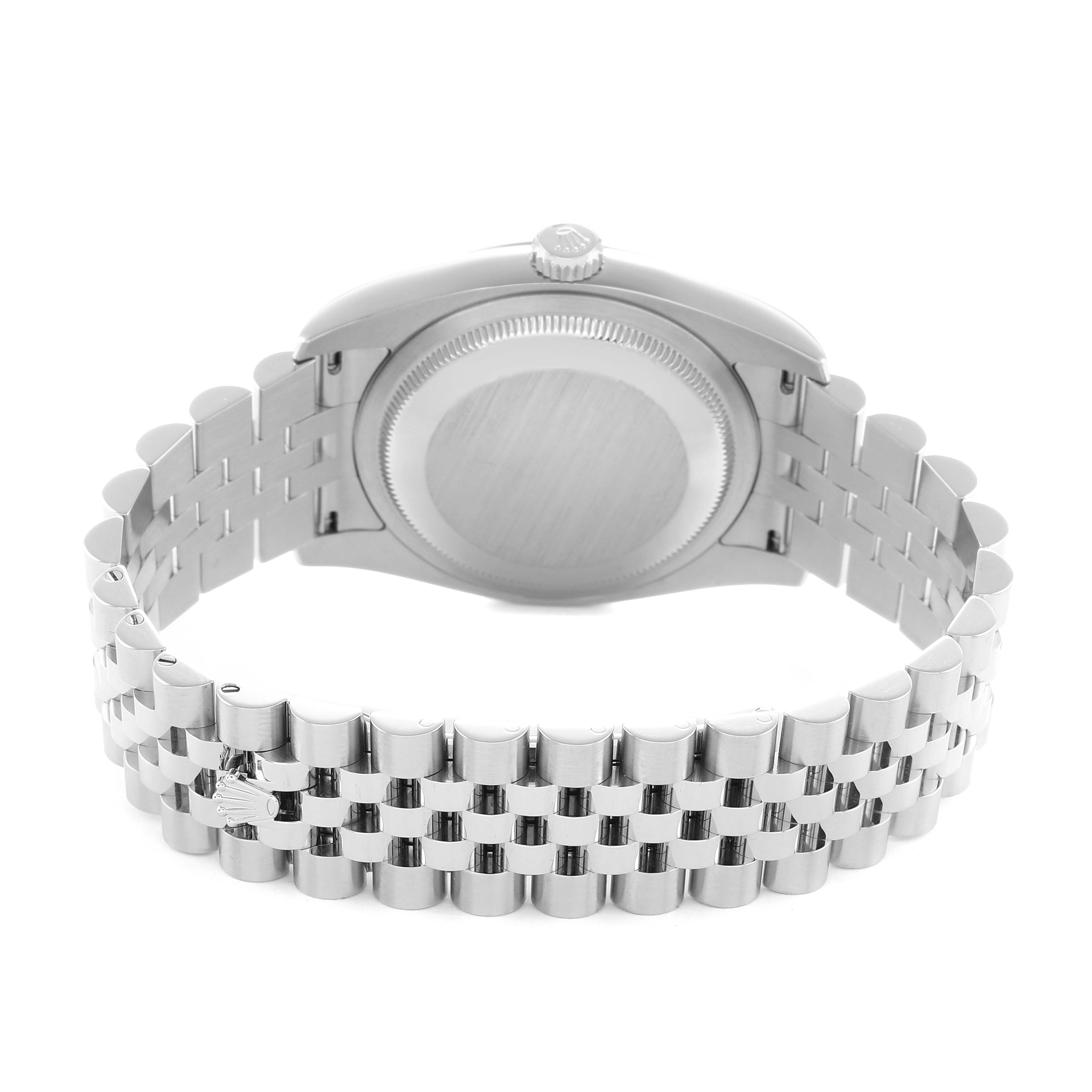 The image shows the back side of a Rolex Datejust 116234 Men
s Stainless Steel Black Dial watch, focusing on its case back and Jubilee bracelet.