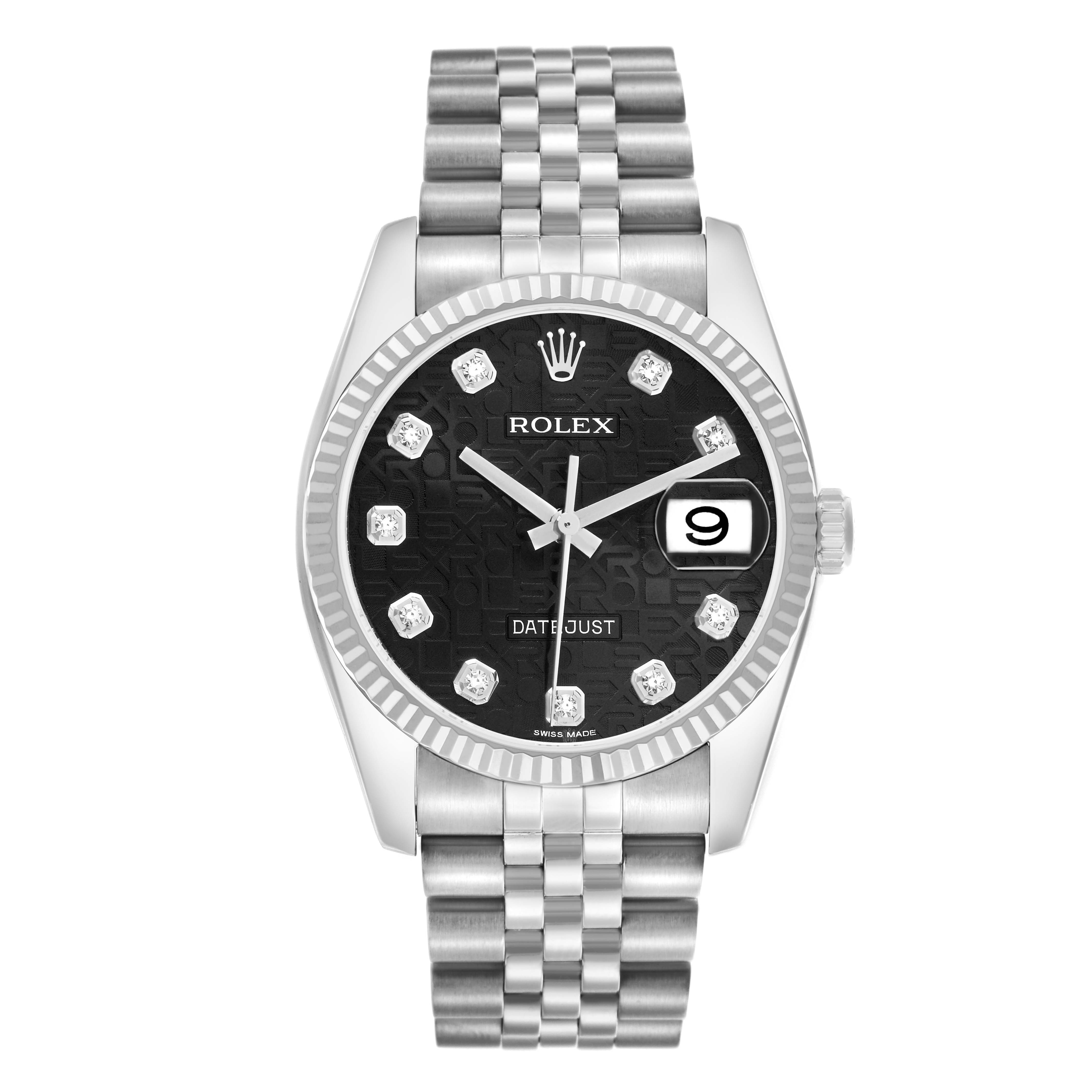 The Rolex Datejust 116234 Men
s Stainless Steel Black Dial watch is shown from a frontal angle, highlighting the dial, bezel, crown, and bracelet.