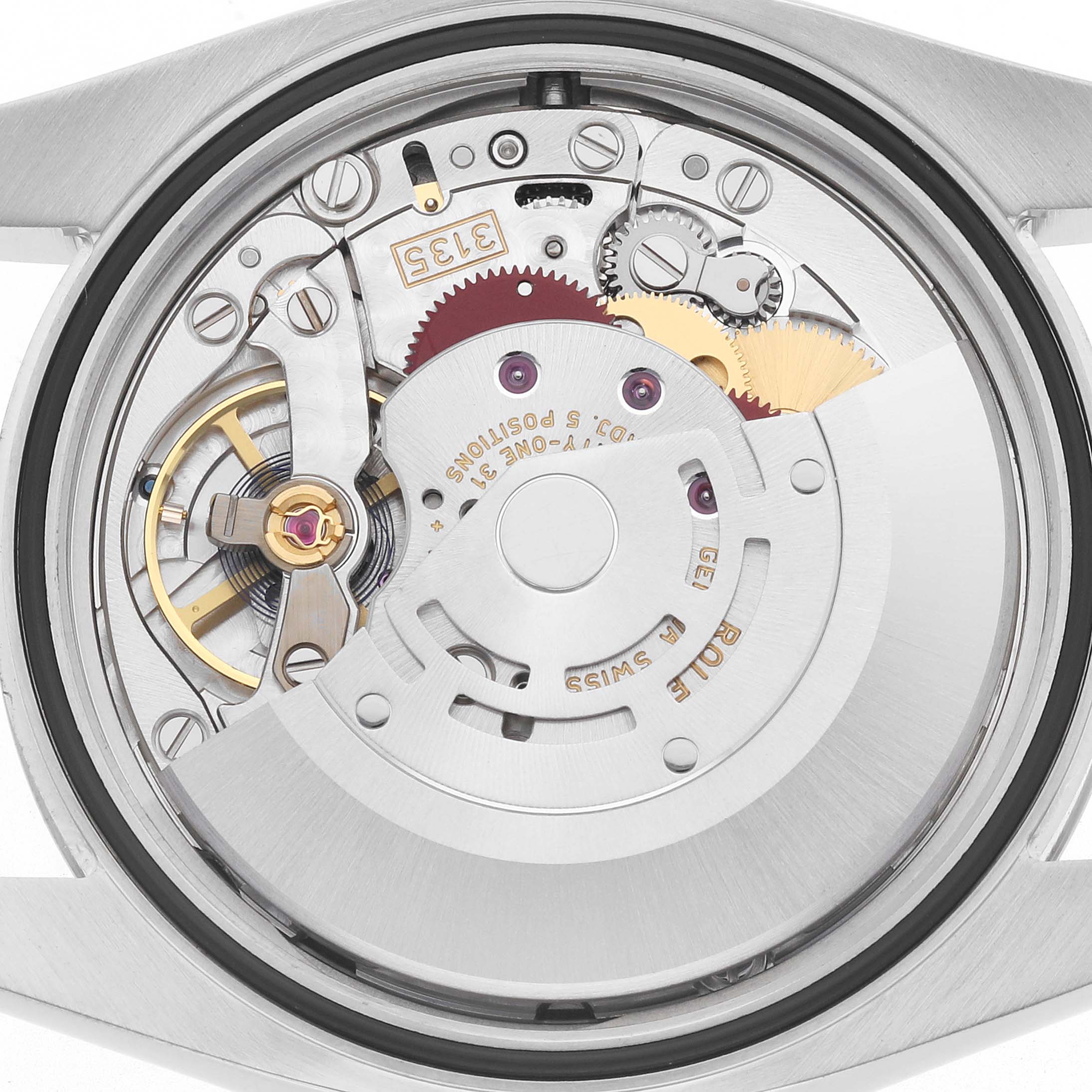 The image shows a close-up of the Rolex Datejust 116234 Men
s Stainless Steel Black Dial
s movement with rotor and escapement visible from the back.