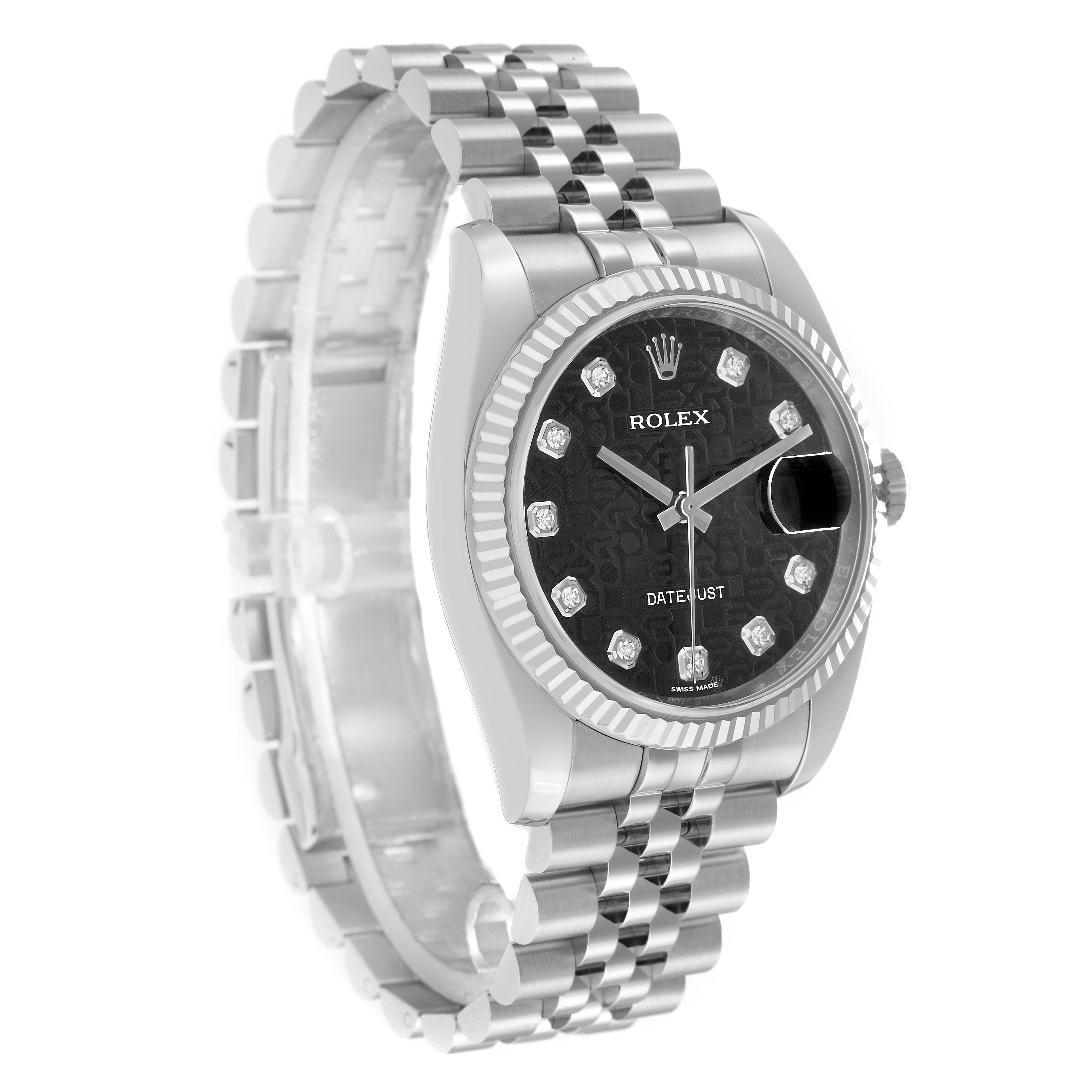 The Rolex Datejust 116234 Men
s Stainless Steel Black Dial watch is shown at a three-quarter angle, displaying its face, bezel, and bracelet clearly.