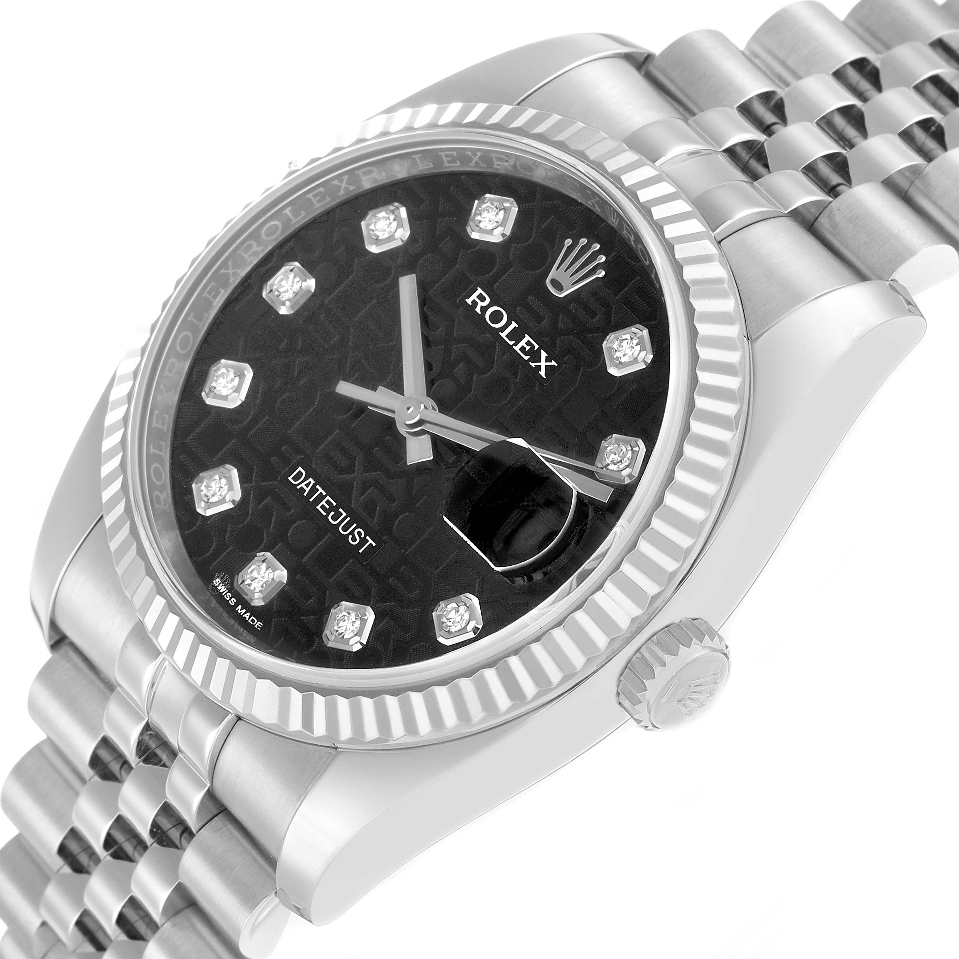 The Rolex Datejust 116234 Men
s Stainless Steel Black Dial watch is shown at an angle highlighting the dial, fluted bezel, and part of the bracelet.
