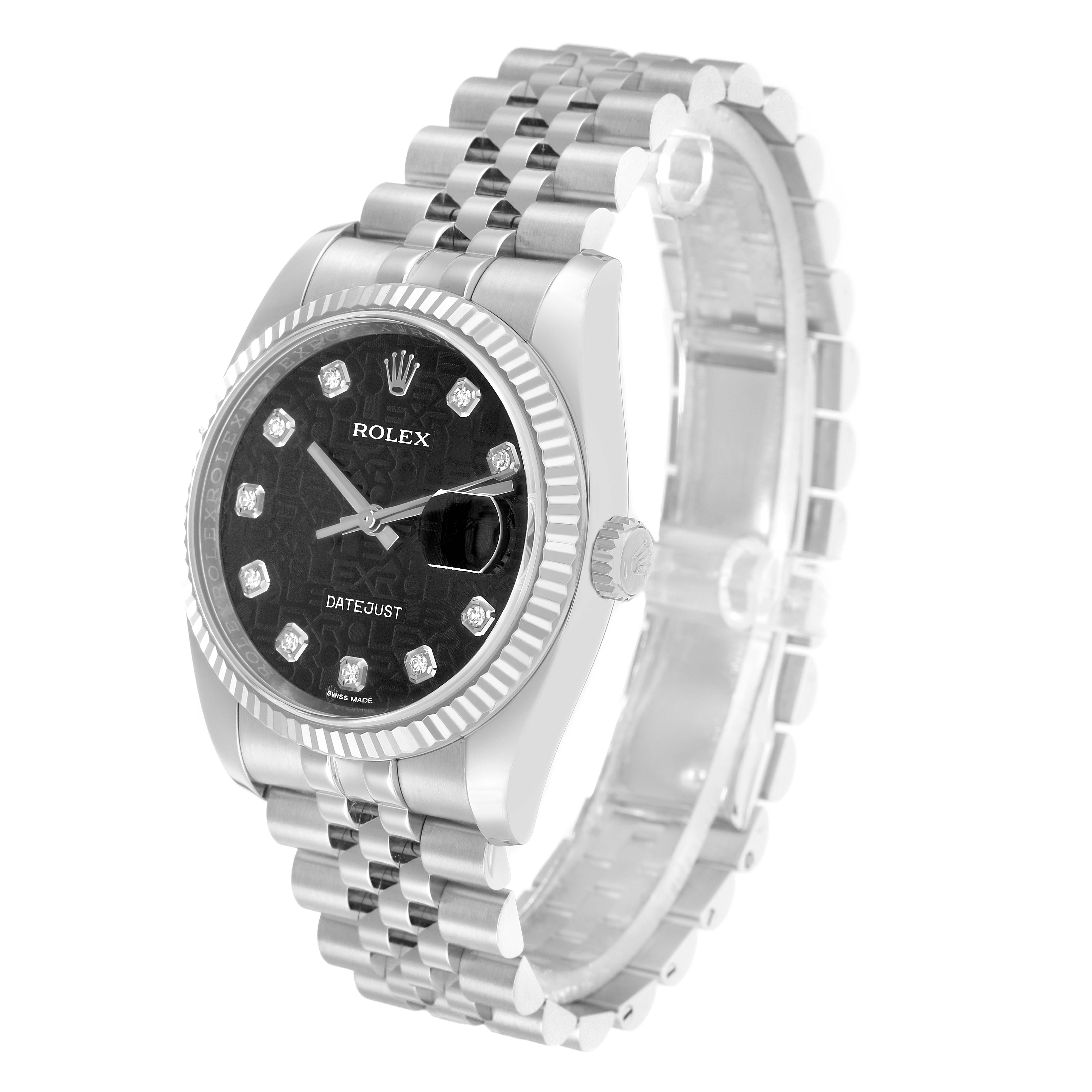 The Rolex Datejust 116234 Men
s Stainless Steel Black Dial watch is shown at a slight angle, highlighting the dial, fluted bezel, and Jubilee bracelet.