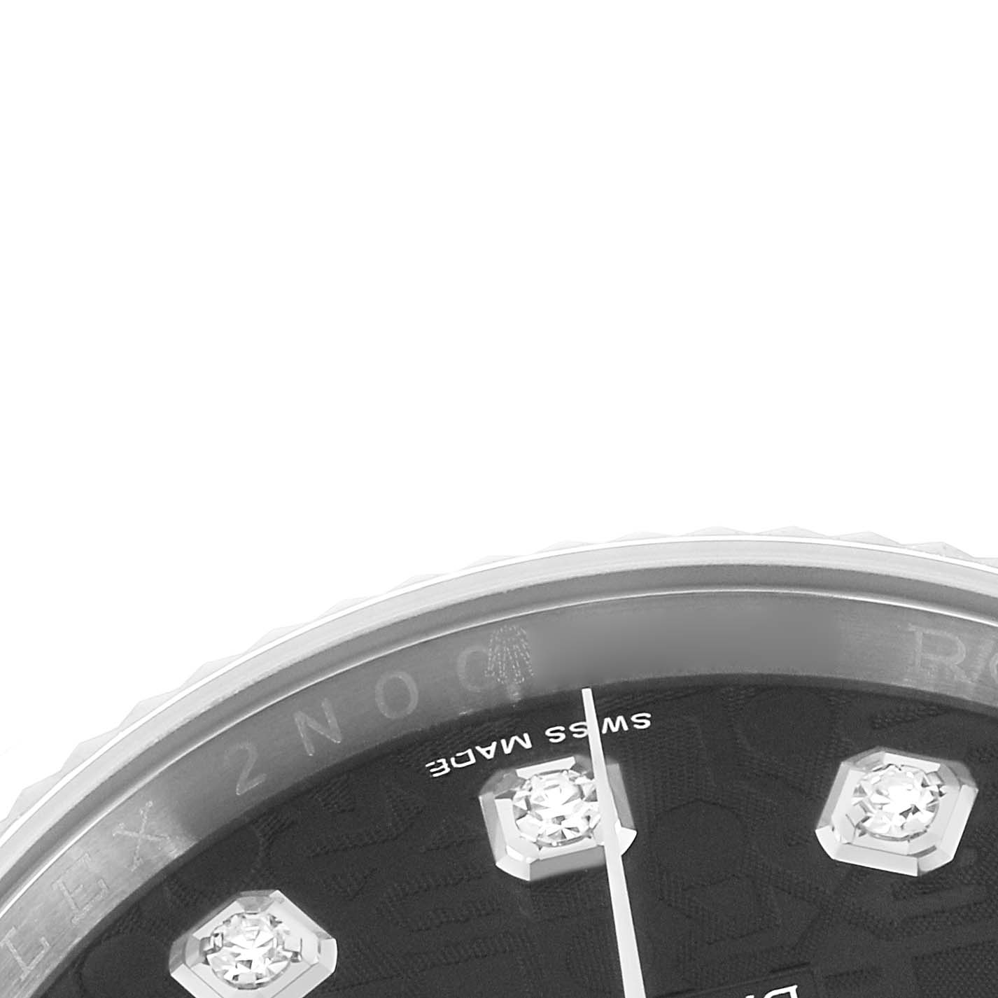 The image shows a close-up of the Rolex Datejust 116234 Men
s Stainless Steel Black Dial
s dial edge with diamond hour markers and partial view of the bezel.