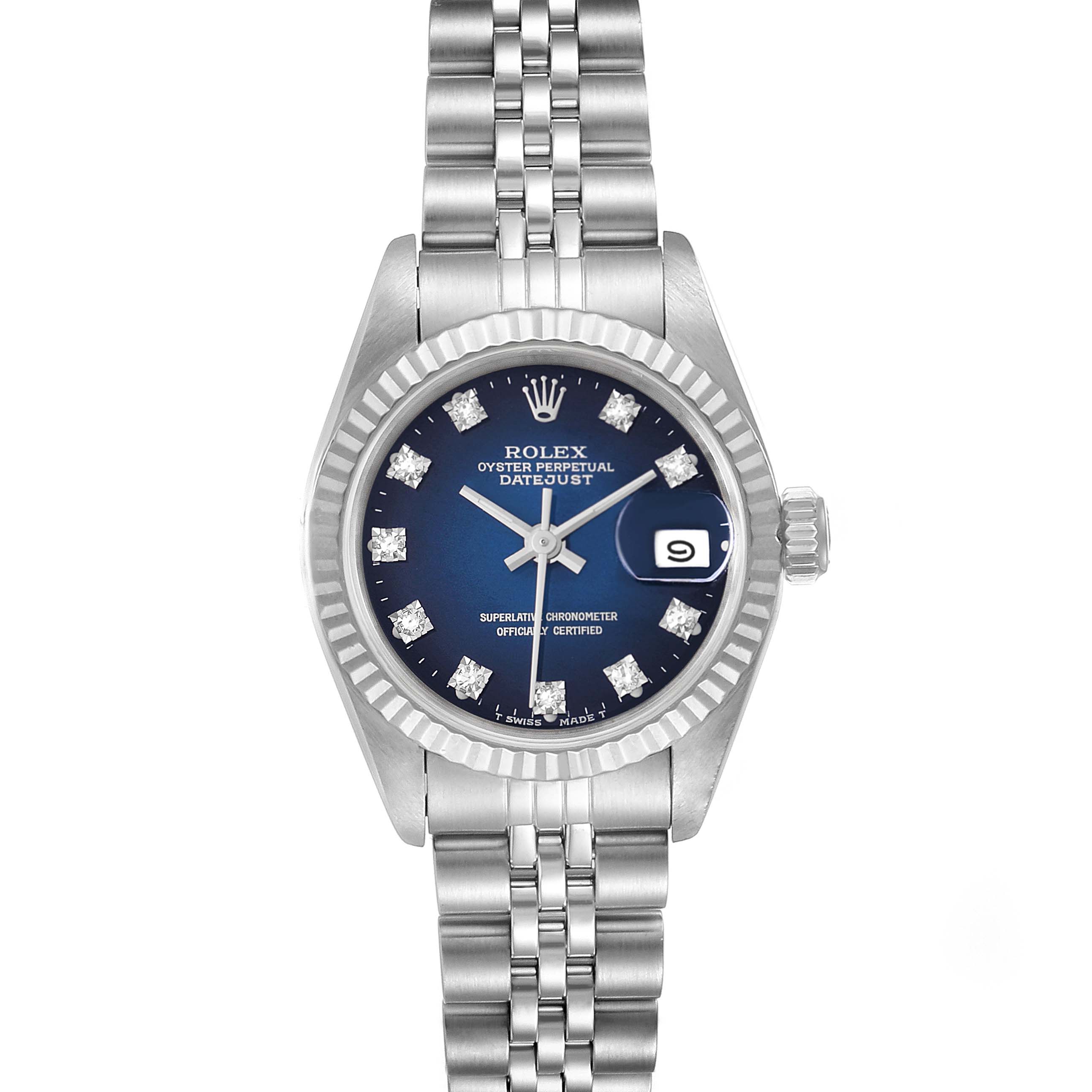 This image shows a front view of a Rolex Datejust 69174 Women's Stainless Steel Blue Dial 69174 Women's Stainless Steel Blue Dial watch, displaying its face, bezel, and part of the bracelet.