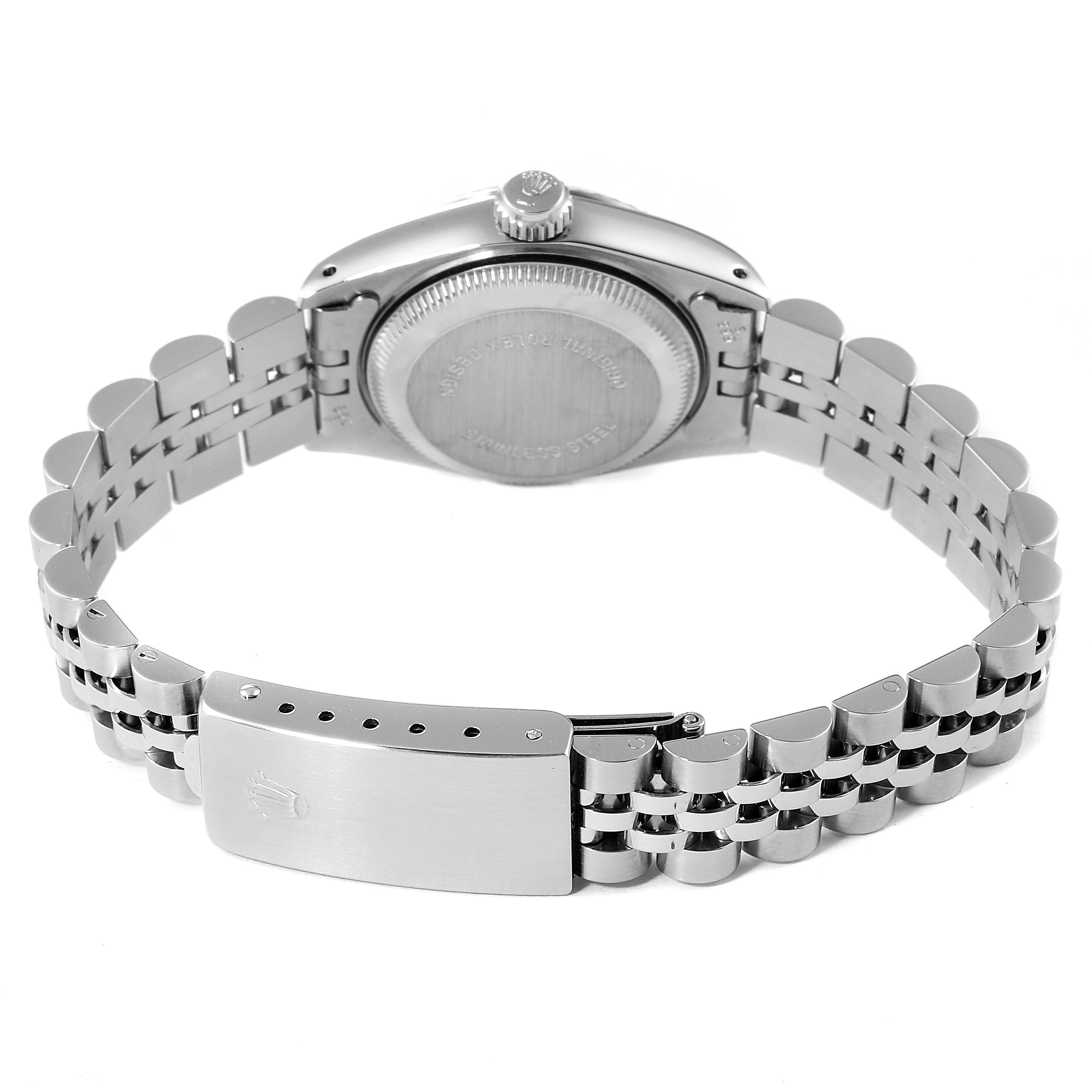 This image shows the rear view of a Rolex Datejust 69174 Women's Stainless Steel Blue Dial 69174 Women's Stainless Steel Blue Dial watch, highlighting the case back, crown, and bracelet clasp.