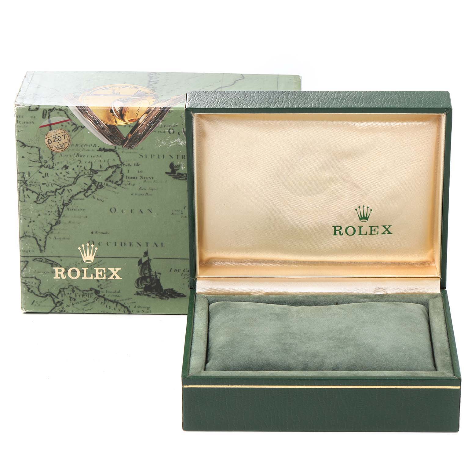 The image shows an open Rolex box for the Datejust model, featuring a green exterior and a light beige interior fabric.