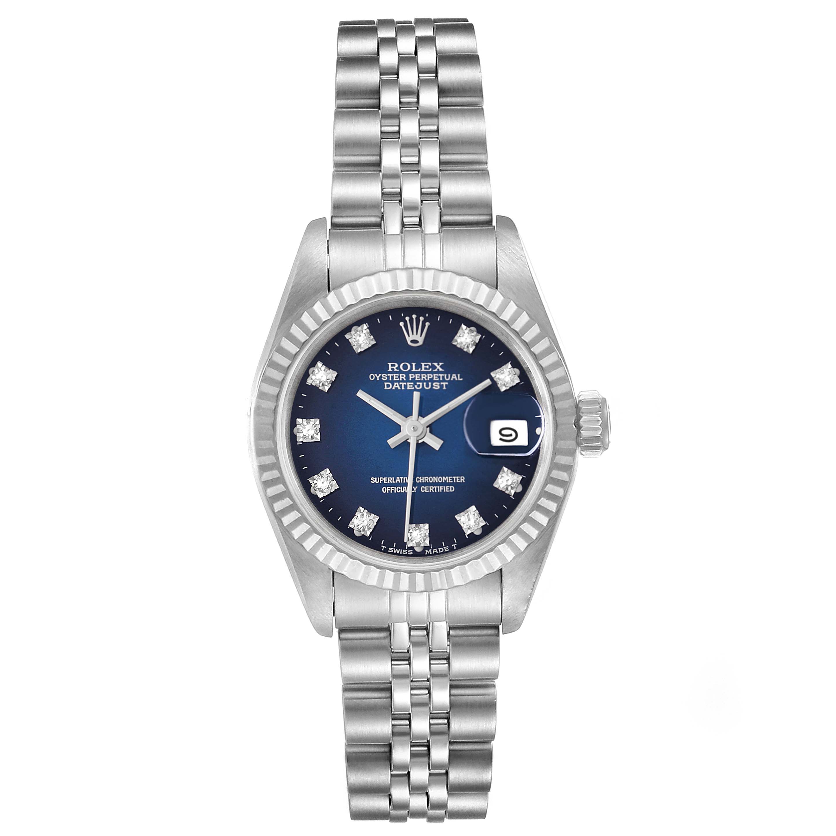 The image shows a front view of a Rolex Datejust 69174 Women's Stainless Steel Blue Dial 69174 Women's Stainless Steel Blue Dial watch, displaying the dial, bracelet, crown, and date window.
