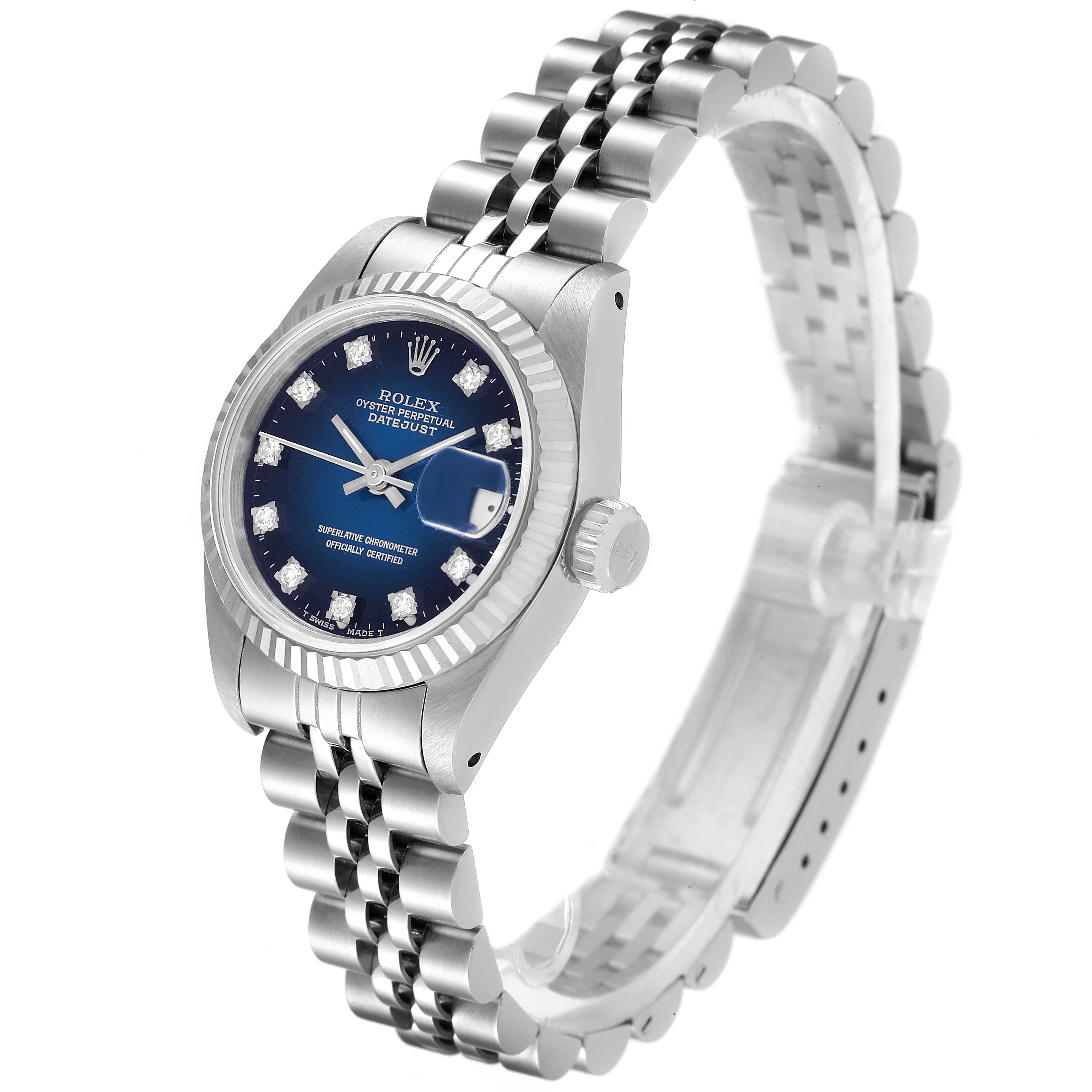 The image shows a side and front angle of a Rolex Datejust 69174 Women's Stainless Steel Blue Dial 69174 Women's Stainless Steel Blue Dial watch, highlighting its dial, bezel, crown, and bracelet.