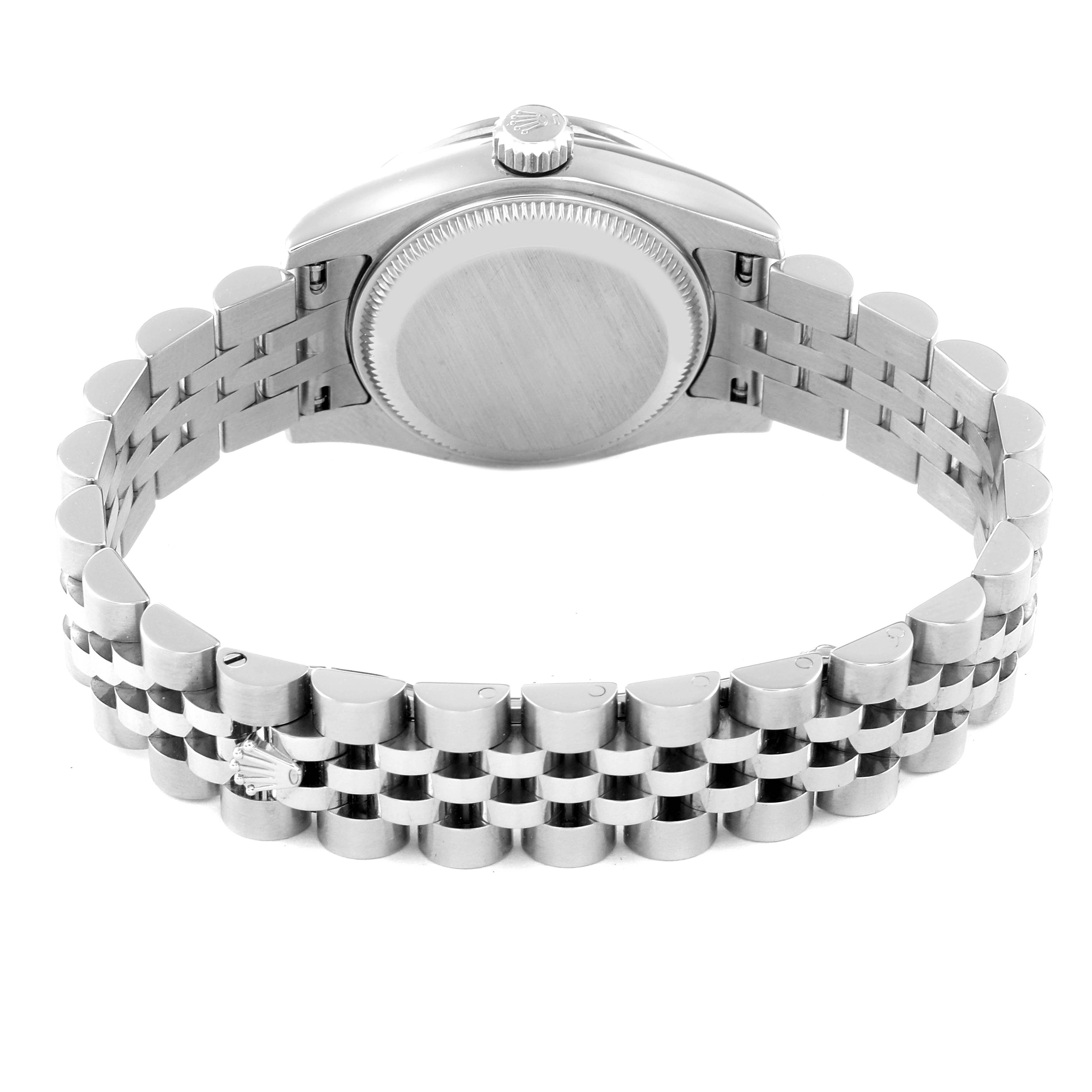 The image shows the back view of a Rolex Datejust 179384 Women
s Stainless Steel Mother of Pearl Dial 179384 Women
s Stainless Steel Mother of Pearl Dial watch, highlighting its case back and Jubilee bracelet.