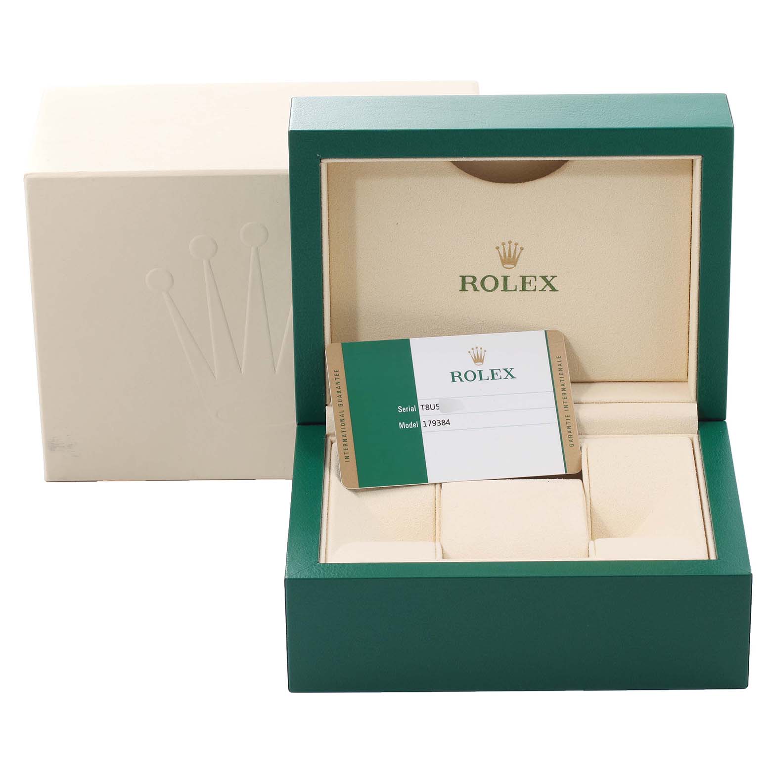 The image shows the packaging and warranty card for a Rolex Datejust 179384 Women
s Stainless Steel Mother of Pearl Dial 179384 Women
s Stainless Steel Mother of Pearl Dial watch, highlighting the open watch box and card.