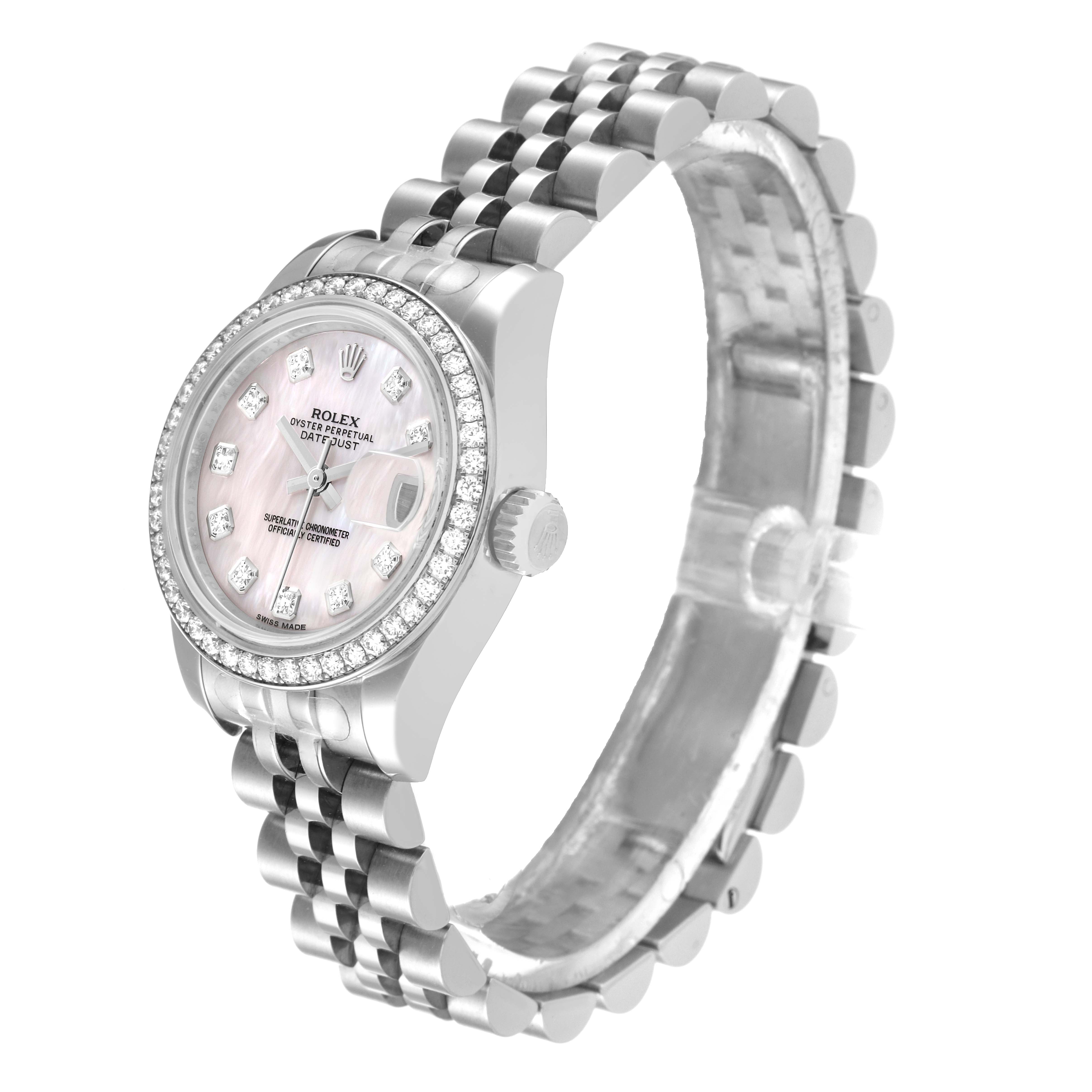 The Rolex Datejust 179384 Women
s Stainless Steel Mother of Pearl Dial 179384 Women
s Stainless Steel Mother of Pearl Dial watch is shown at a slight angle, featuring the case, bezel, dial, and bracelet.