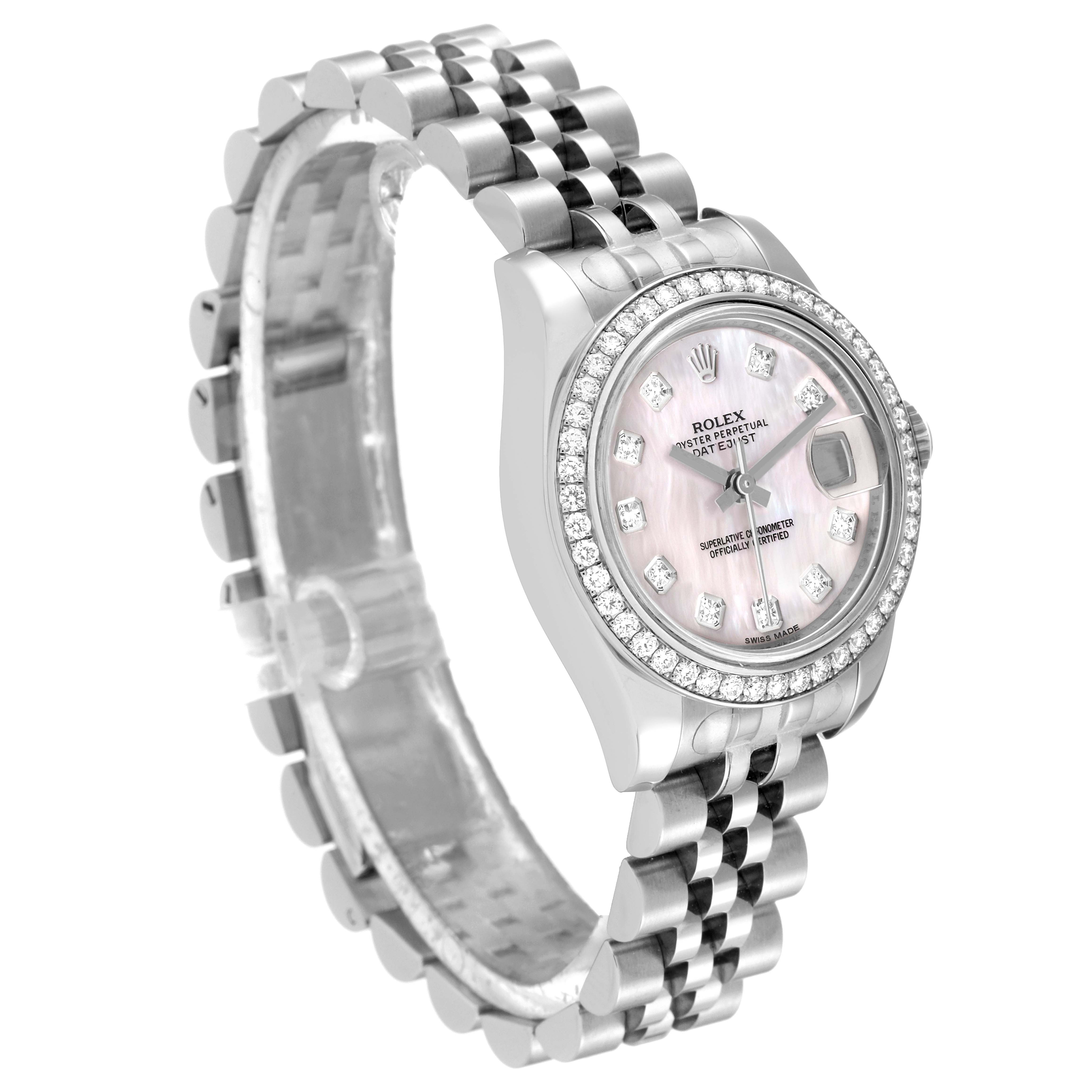 The Rolex Datejust 179384 Women
s Stainless Steel Mother of Pearl Dial 179384 Women
s Stainless Steel Mother of Pearl Dial watch is shown from a three-quarter angle, highlighting its bracelet, case, and mother-of-pearl dial.