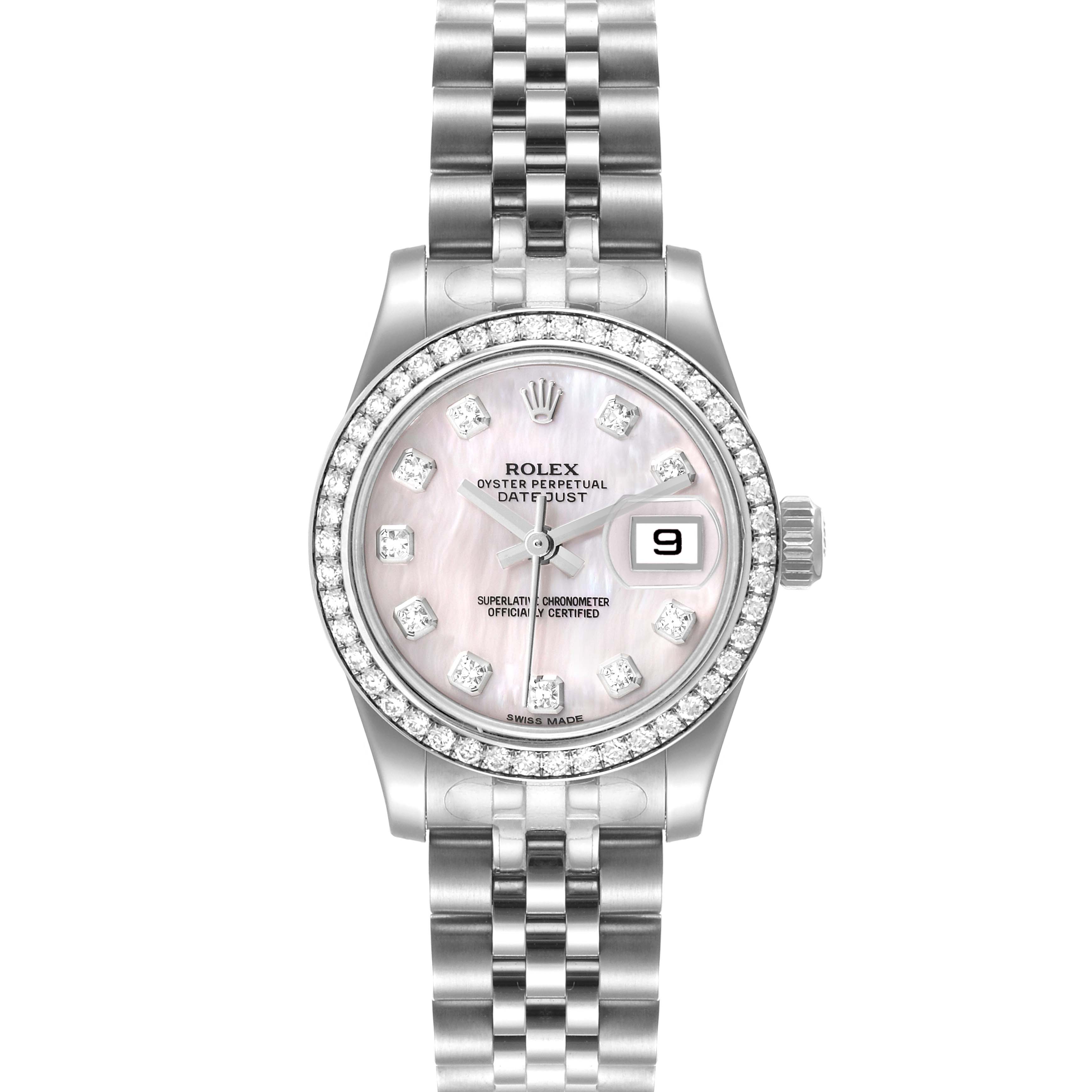 This is a frontal view of the Rolex Datejust 179384 Women
s Stainless Steel Mother of Pearl Dial 179384 Women
s Stainless Steel Mother of Pearl Dial watch showing the dial, bezel, and bracelet.