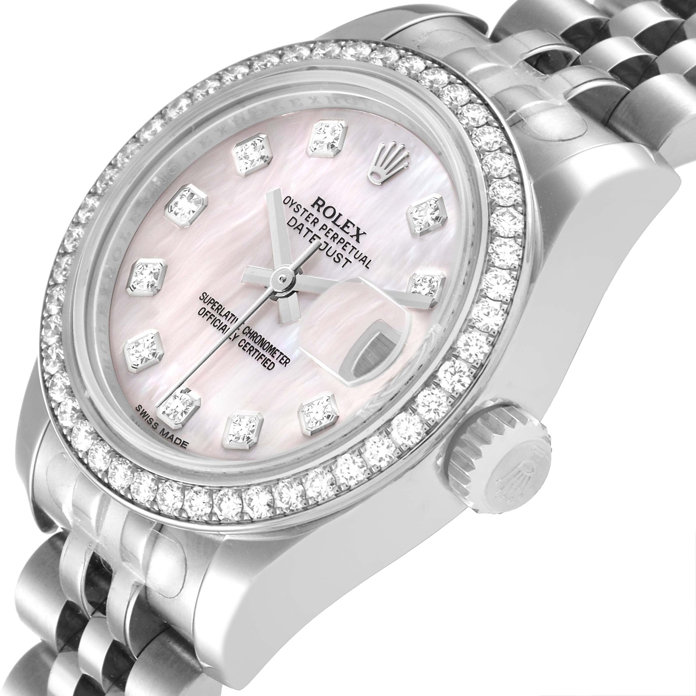 This Rolex Datejust 179384 Women
s Stainless Steel Mother of Pearl Dial 179384 Women
s Stainless Steel Mother of Pearl Dial watch is shown at a slight angle from above, featuring its pink dial, diamond bezel, and part of the bracelet.