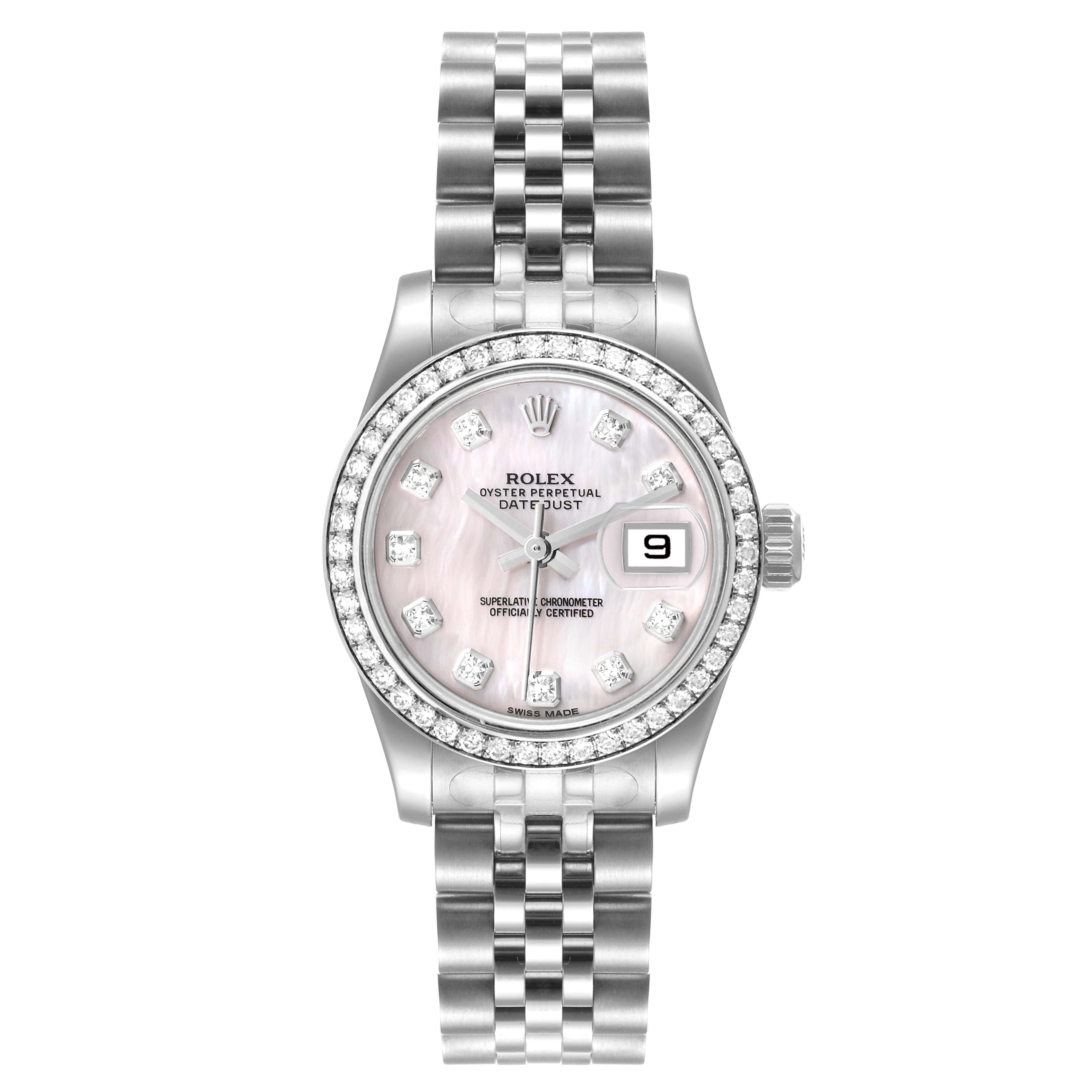 The image shows a front view of a Rolex Datejust 179384 Women
s Stainless Steel Mother of Pearl Dial 179384 Women
s Stainless Steel Mother of Pearl Dial watch, highlighting its face, bezel, and metal bracelet.