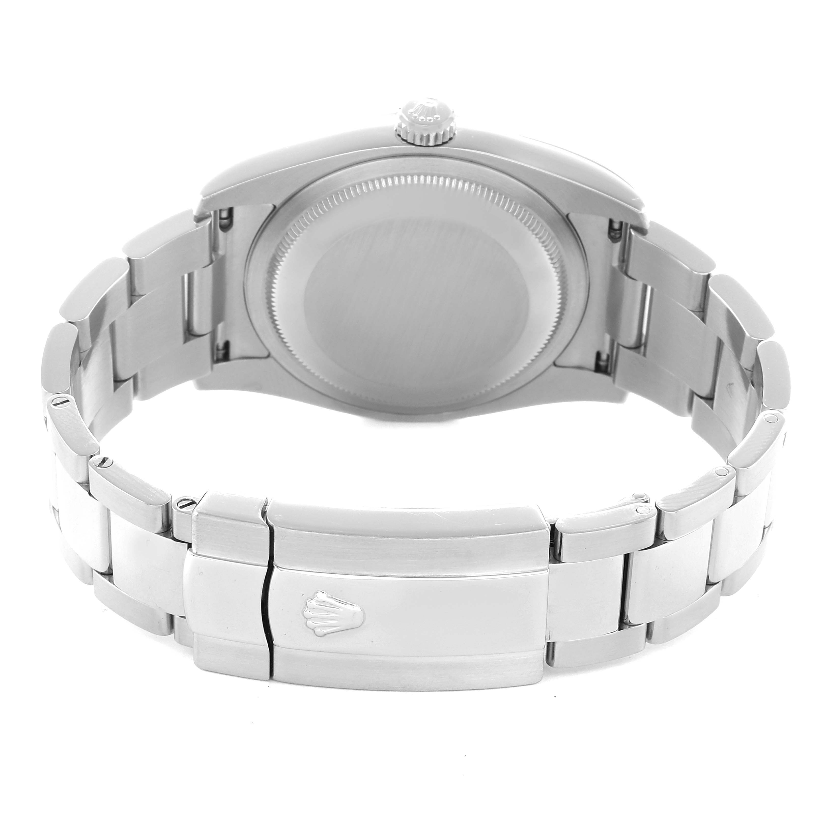 The Rolex Datejust 116200 Men
s Stainless Steel White Dial watch is shown from the back, highlighting the case back, bracelet, and clasp.