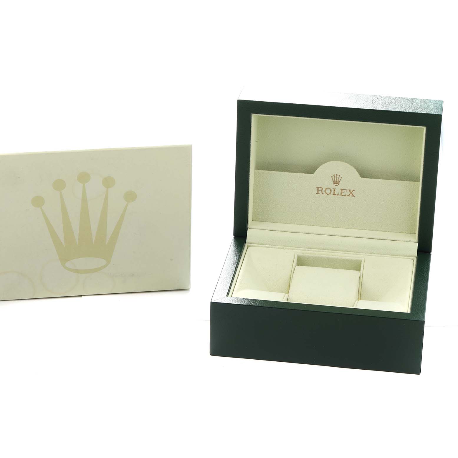 The image shows a Rolex Datejust 116200 Men
s Stainless Steel White Dial watch box, open and empty, displayed from the front with a closed outer box nearby.