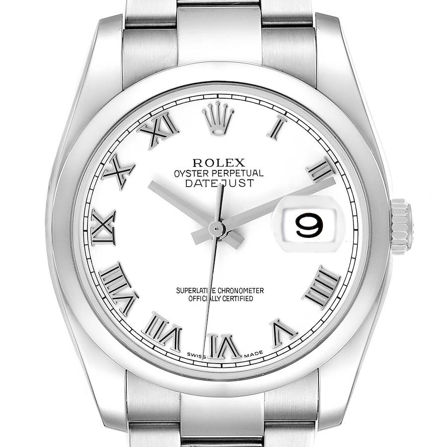 The Rolex Datejust 116200 Men's Stainless Steel White Dial watch is shown from a top-down angle, highlighting the dial, bezel, crown, and part of the bracelet.