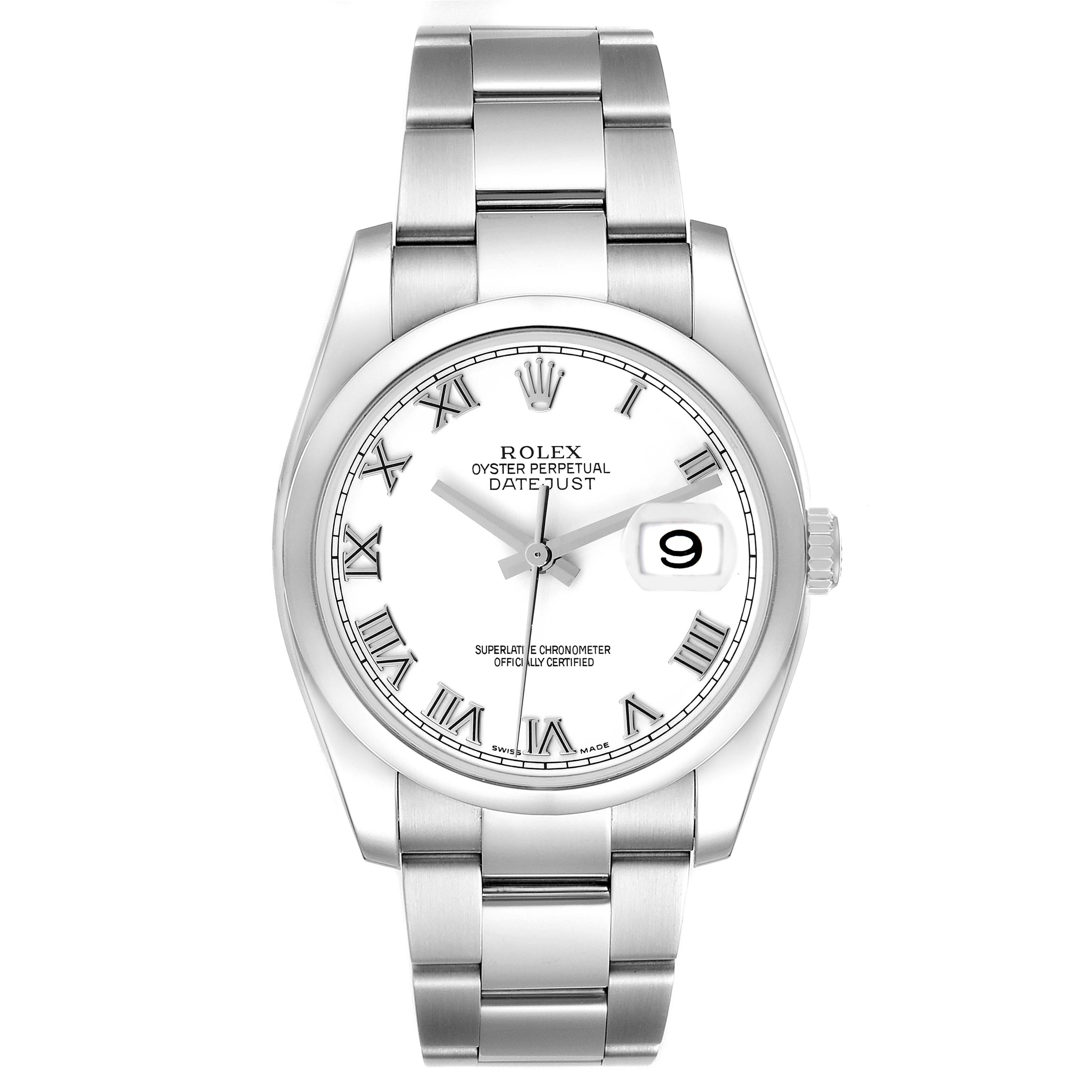 The Rolex Datejust 116200 Men
s Stainless Steel White Dial watch is shown from a front view, displaying its dial, bracelet, and crown.