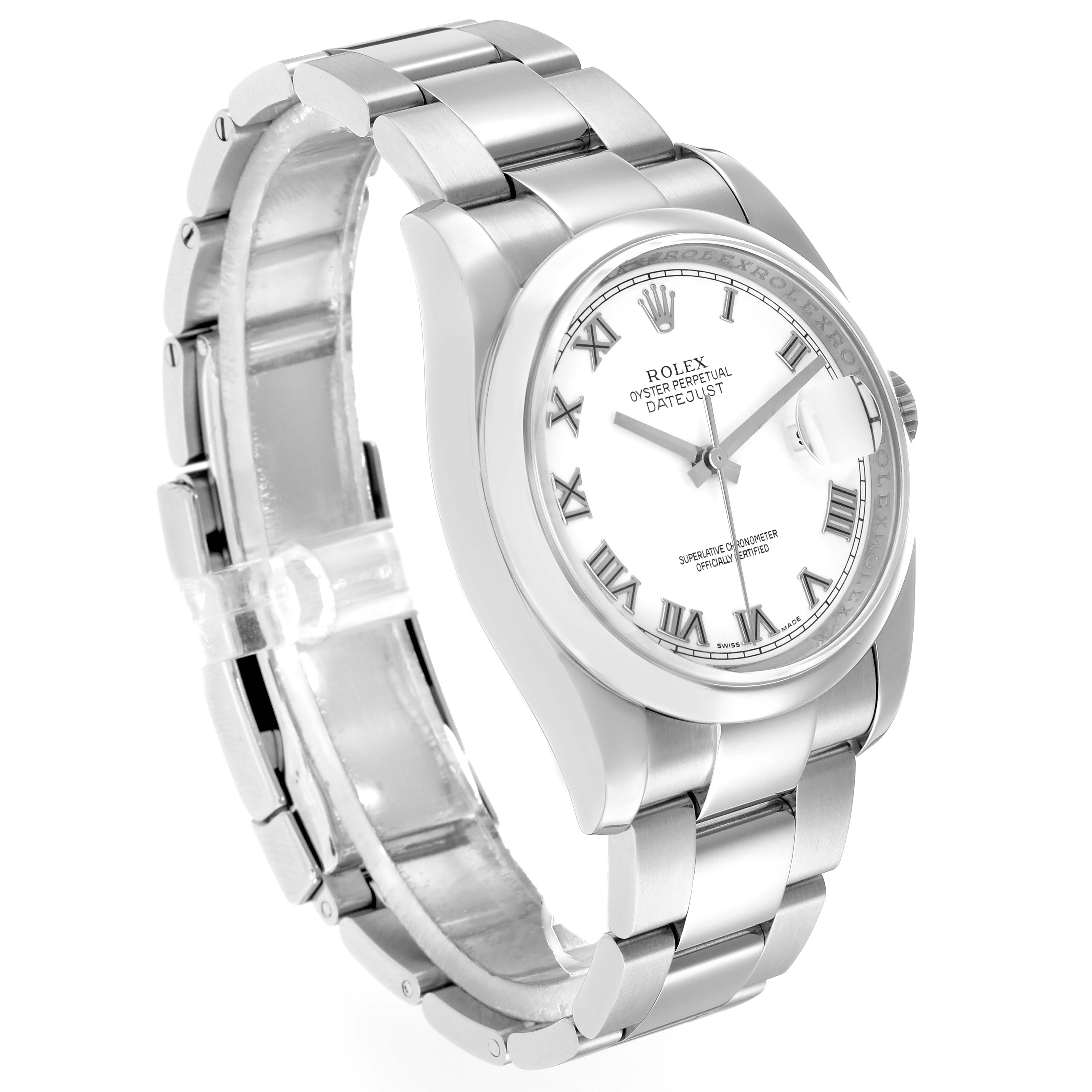 The Rolex Datejust 116200 Men
s Stainless Steel White Dial watch is shown at a three-quarter angle, highlighting the bracelet and Roman numeral dial.