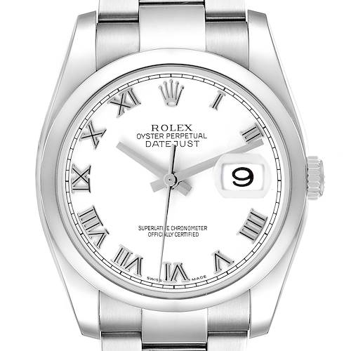 The Rolex Datejust 116200 Men's Stainless Steel White Dial watch is shown from a top-down angle, highlighting the face, bracelet, and crown.