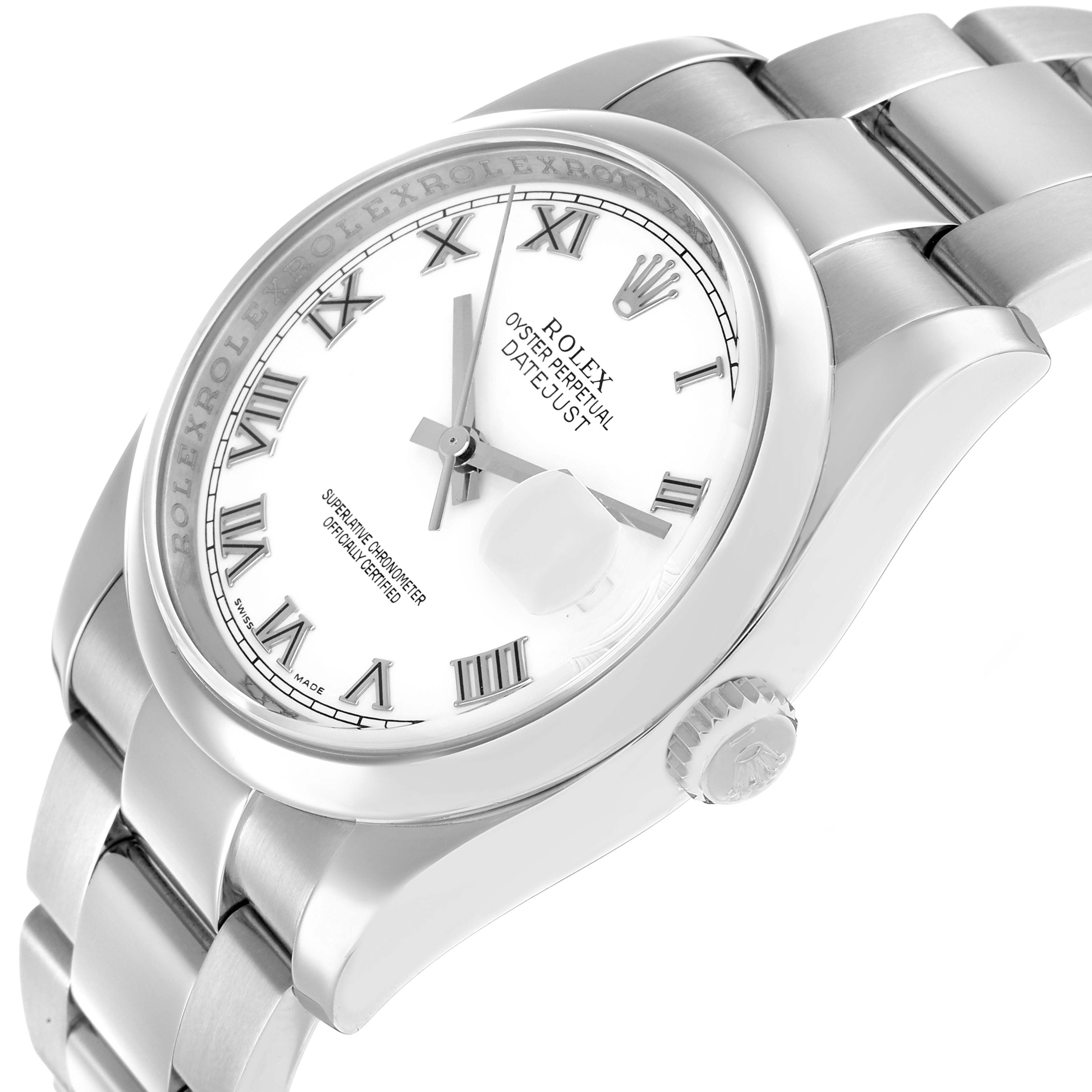 The Rolex Datejust 116200 Men
s Stainless Steel White Dial watch is shown at a three-quarter angle, highlighting the face, bezel, and bracelet links.