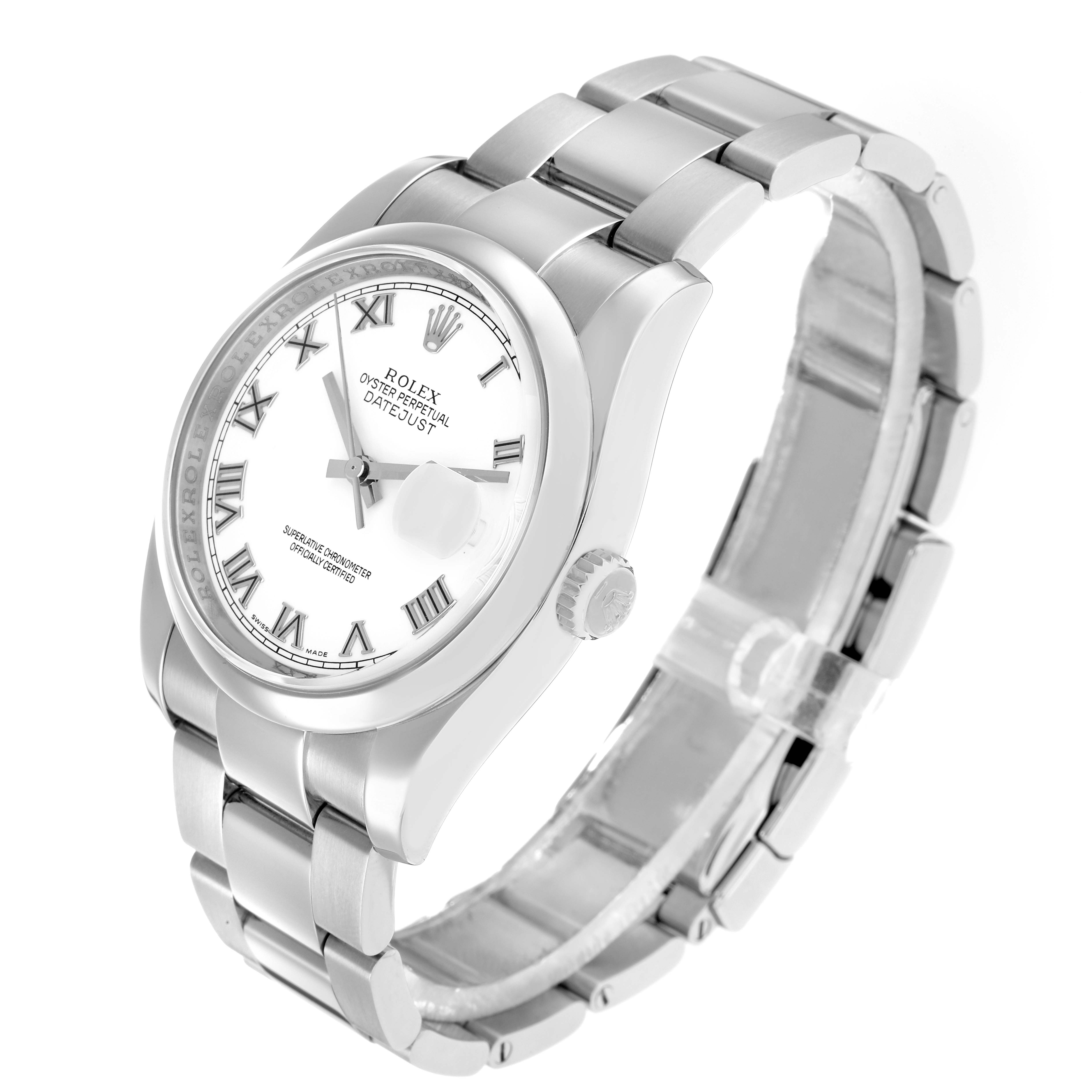 The Rolex Datejust 116200 Men
s Stainless Steel White Dial watch is shown at a three-quarter angle highlighting the dial, bezel, bracelet, and crown.