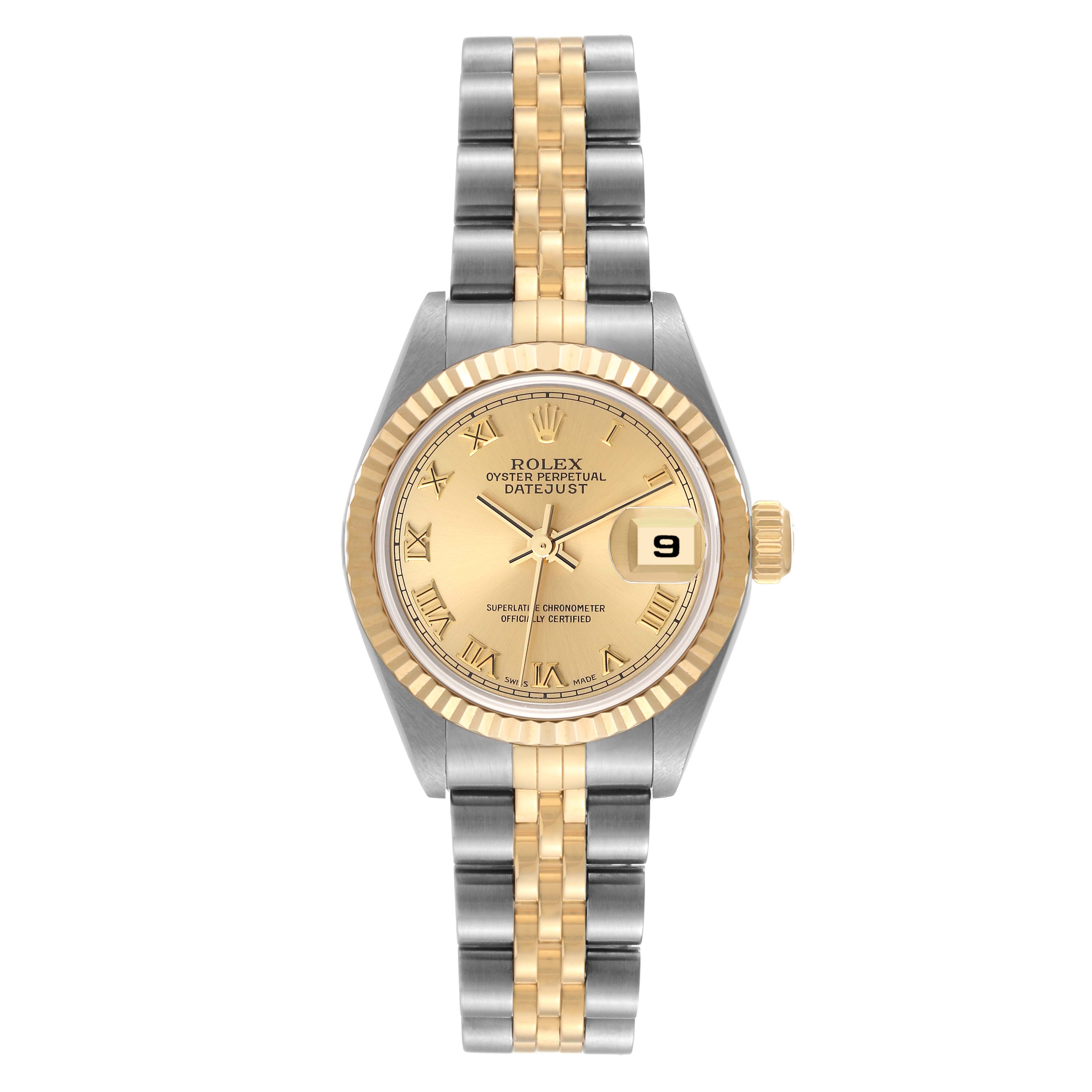 This image shows a front view of the Rolex Datejust 79173 Women's Steel and Gold (two tone) Champagne Dial 79173 Women's Steel and Gold (two tone) Champagne Dial watch with a gold dial and a two-tone metal bracelet.
