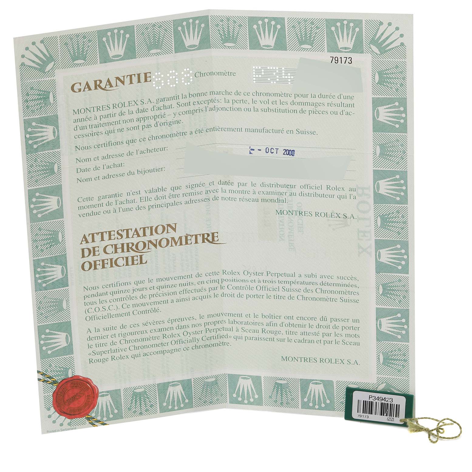 The image shows a certificate of authenticity and warranty card for a Rolex Datejust 79173 Women's Steel and Gold (two tone) Champagne Dial 79173 Women's Steel and Gold (two tone) Champagne Dial model watch.