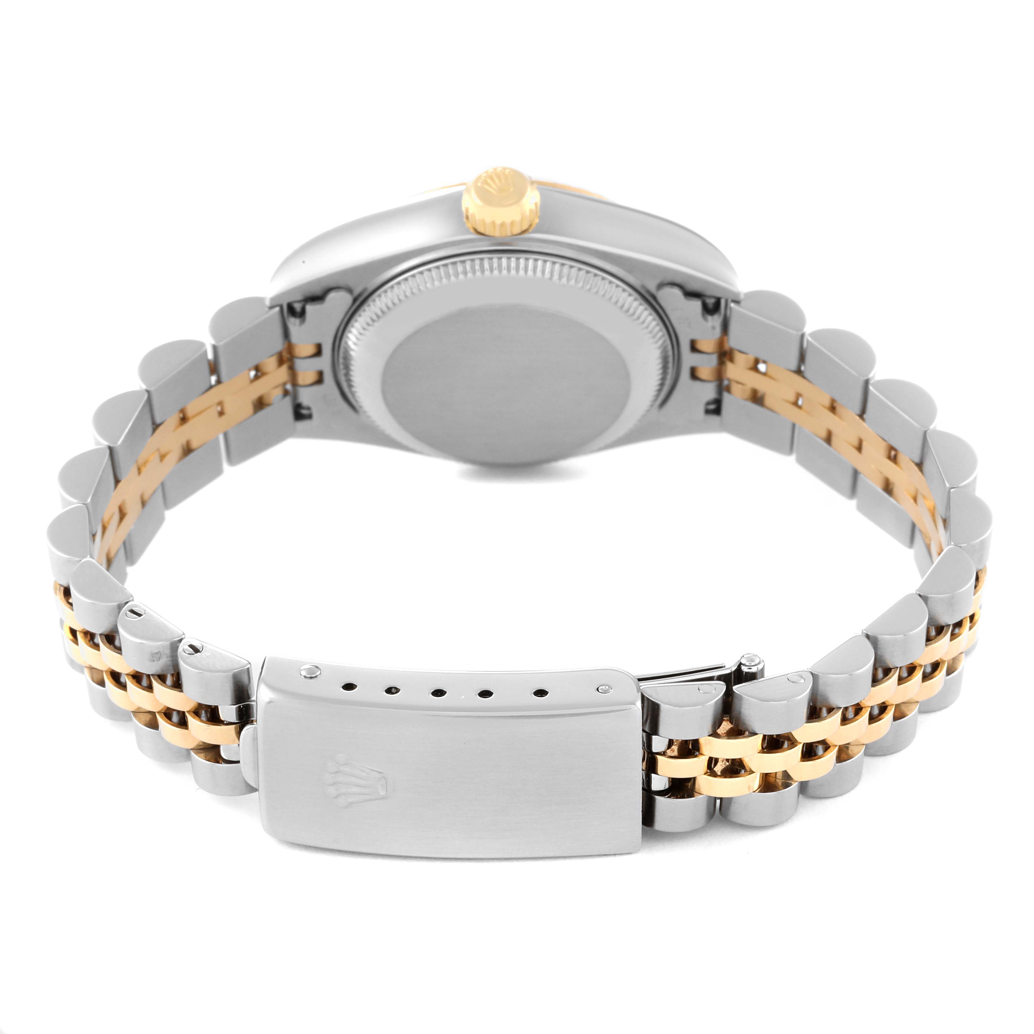 The image shows the back view of a Rolex Datejust 79173 Women's Steel and Gold (two tone) Champagne Dial 79173 Women's Steel and Gold (two tone) Champagne Dial watch, focusing on the case back and bi-tone bracelet with the clasp visible.