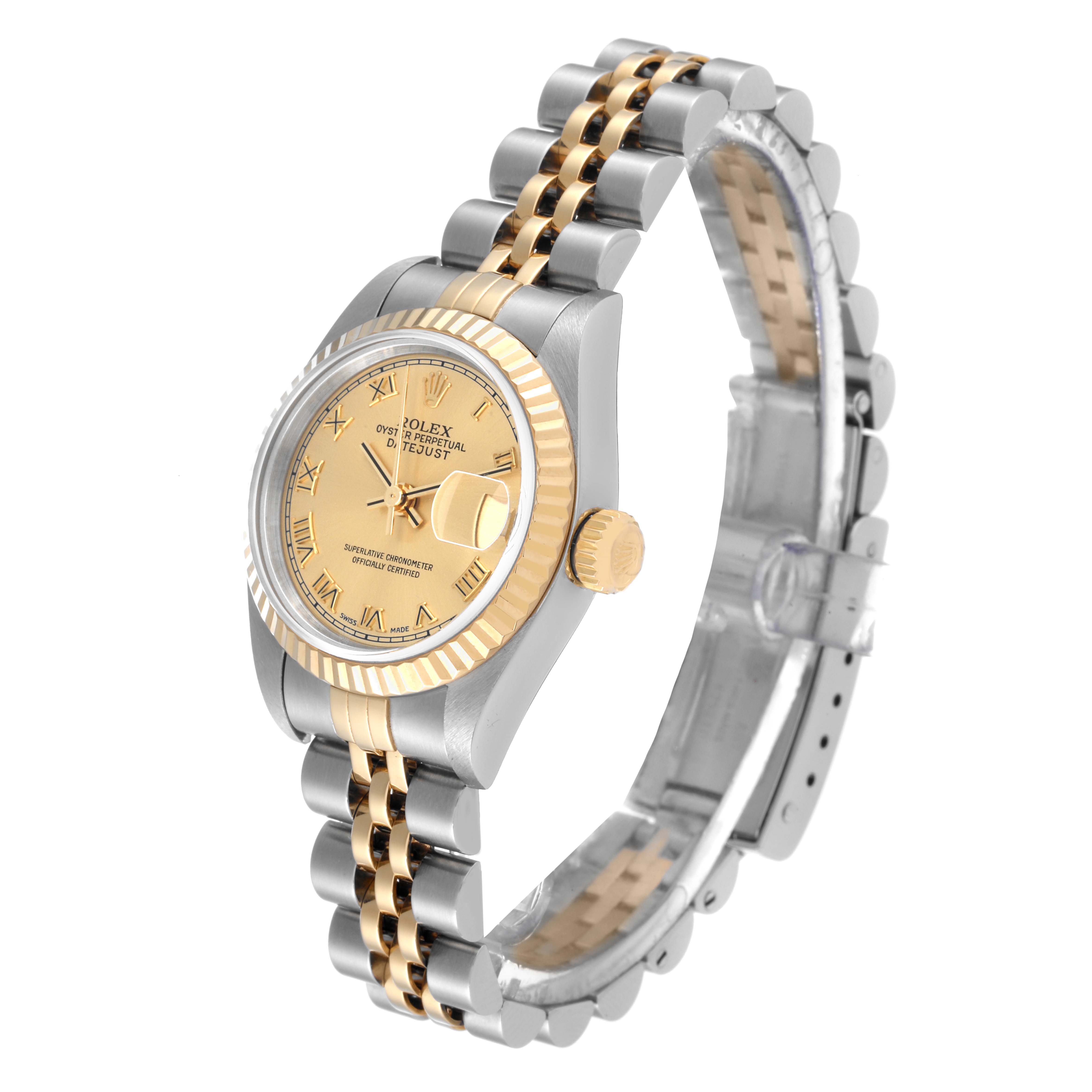 The image shows the Rolex Datejust 79173 Women's Steel and Gold (two tone) Champagne Dial 79173 Women's Steel and Gold (two tone) Champagne Dial watch from a three-quarter angle, highlighting the face, bezel, crown, and bracelet with gold accents.