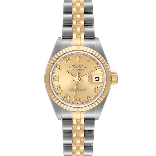 The image shows a front view of a Rolex Datejust watch, featuring a two-tone bracelet and a gold bezel.