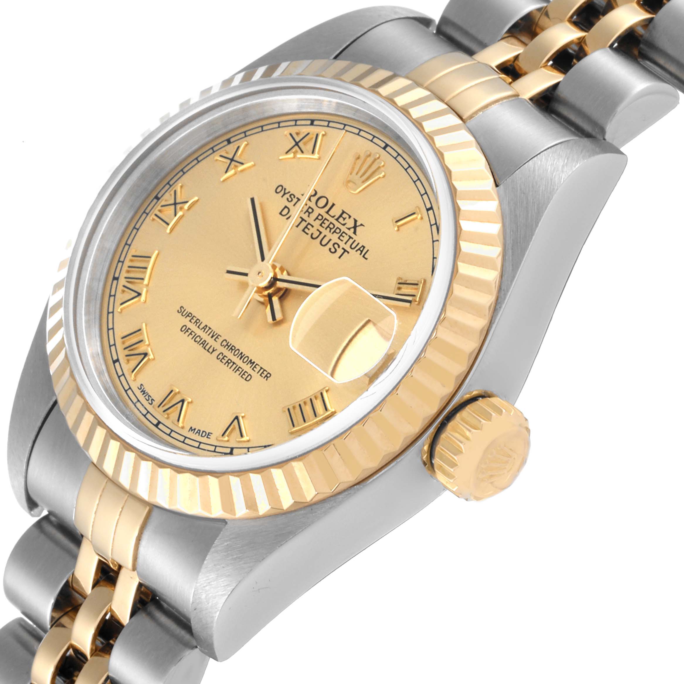 This image shows a close-up angled view of a Rolex Datejust 79173 Women's Steel and Gold (two tone) Champagne Dial 79173 Women's Steel and Gold (two tone) Champagne Dial watch, highlighting the bezel, crown, and part of the bracelet.
