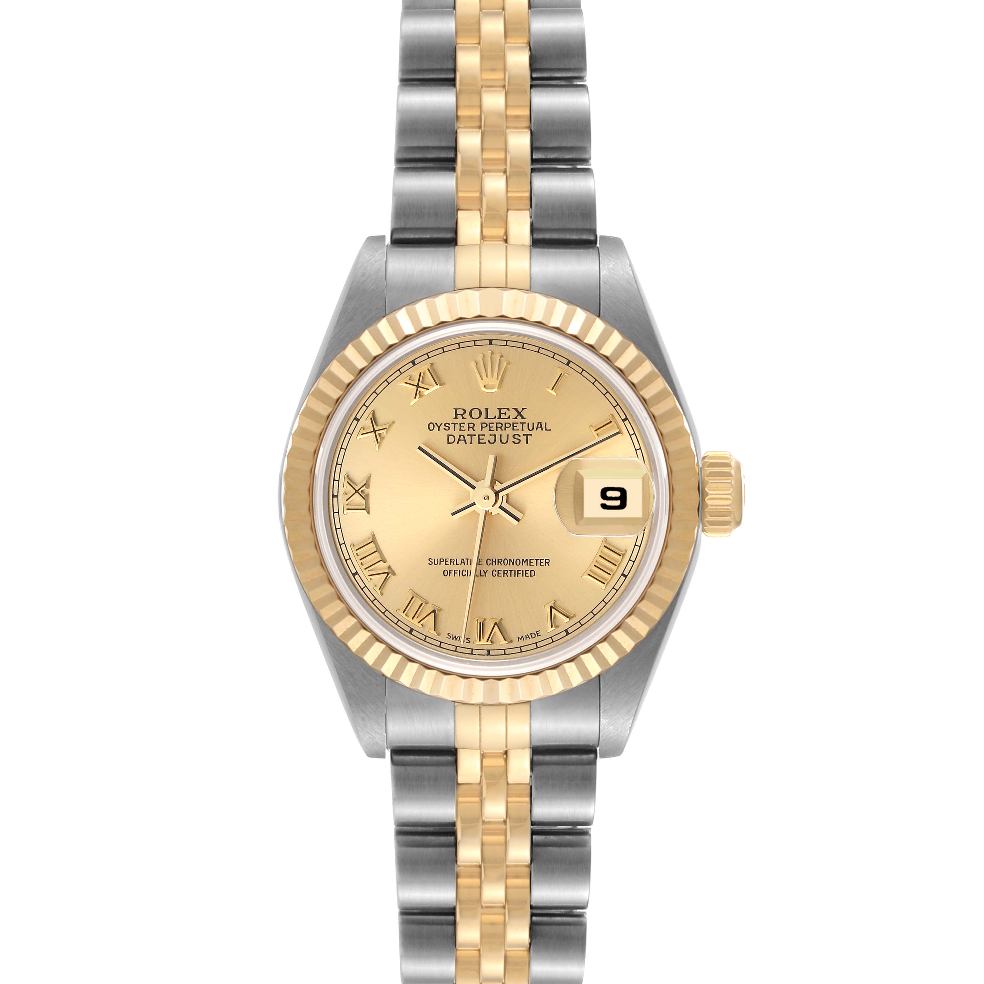 This image shows a Rolex Datejust 79173 Women's Steel and Gold (two tone) Champagne Dial 79173 Women's Steel and Gold (two tone) Champagne Dial watch from a front-facing angle, highlighting the dial, bezel, and bracelet.