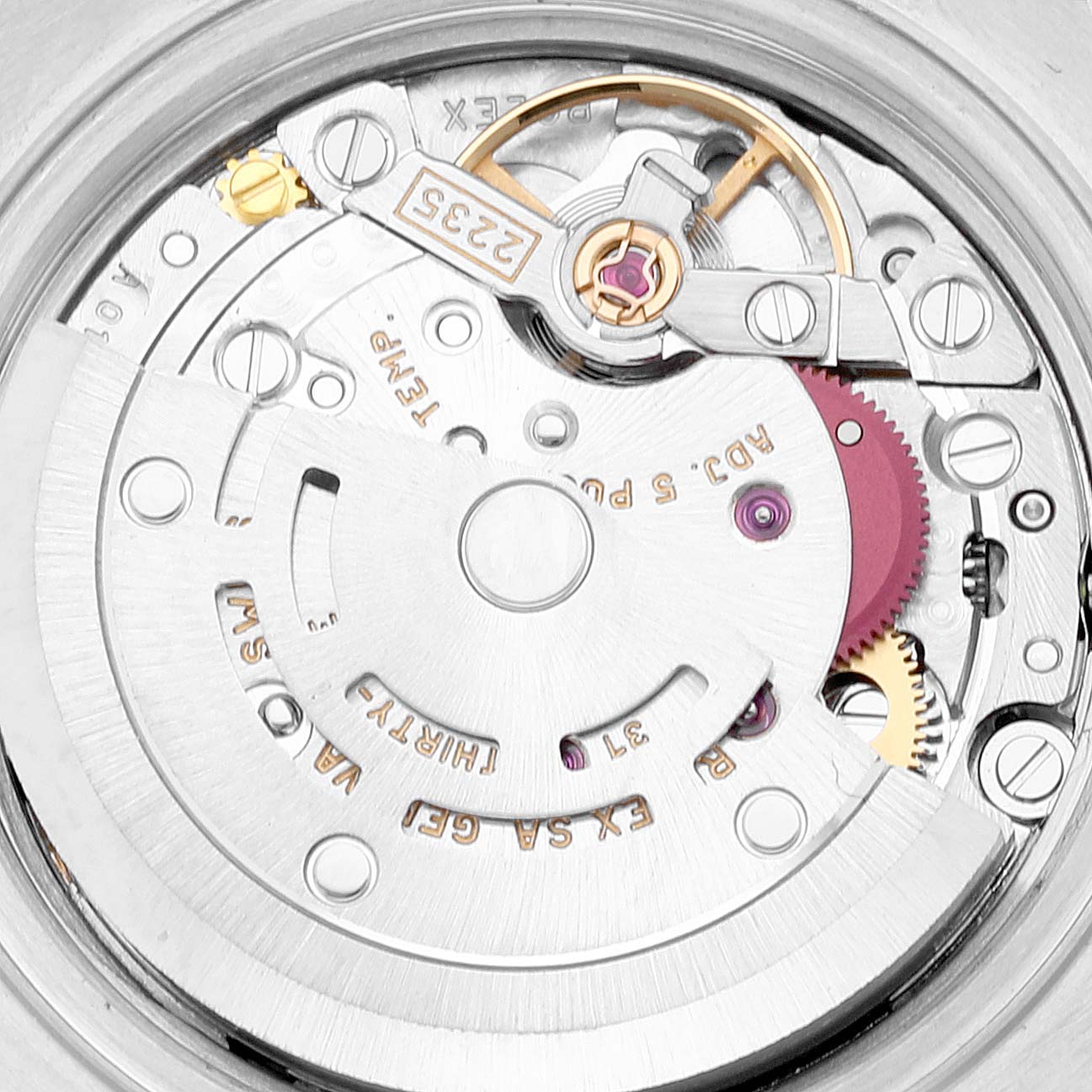 This image shows the inner mechanical movement of a Rolex Datejust 79173 Women's Steel and Gold (two tone) Champagne Dial 79173 Women's Steel and Gold (two tone) Champagne Dial watch from a close-up angle.
