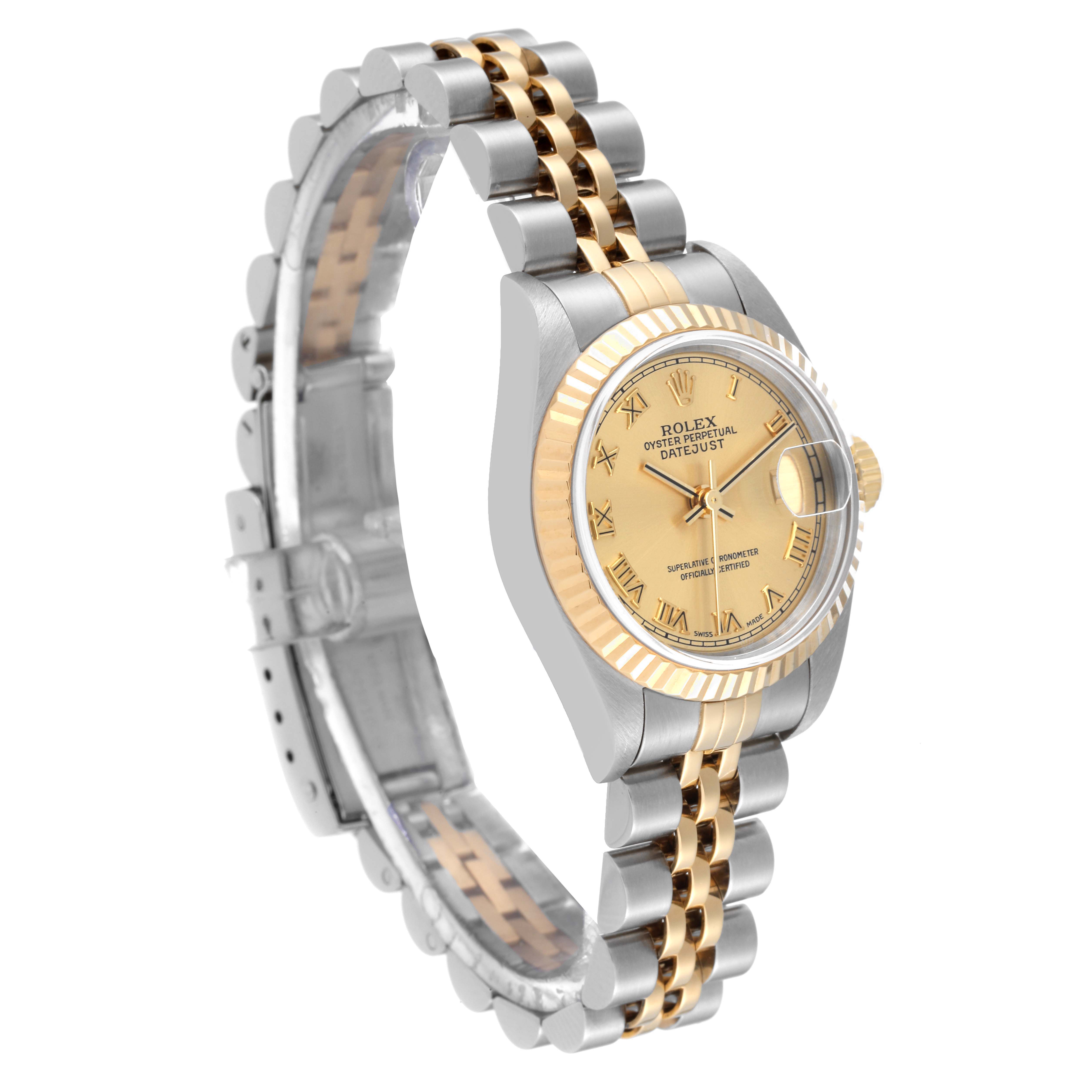 The image shows a side-angle view of the Rolex Datejust 79173 Women's Steel and Gold (two tone) Champagne Dial 79173 Women's Steel and Gold (two tone) Champagne Dial watch, highlighting its jubilee bracelet and fluted bezel.