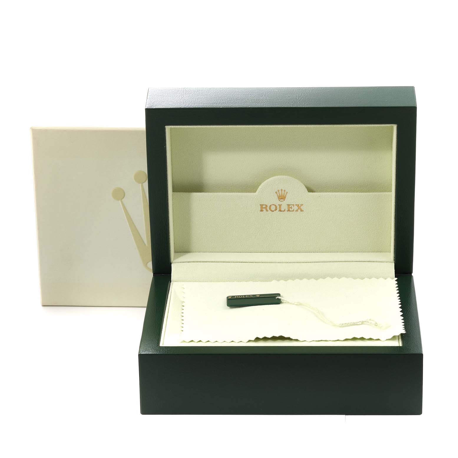This image shows an open green Rolex Datejust 116233 Men's Steel and Gold (two tone) Champagne Dial 116233 Men's Steel and Gold (two tone) Champagne Dial watch box with a cloth and tag inside.